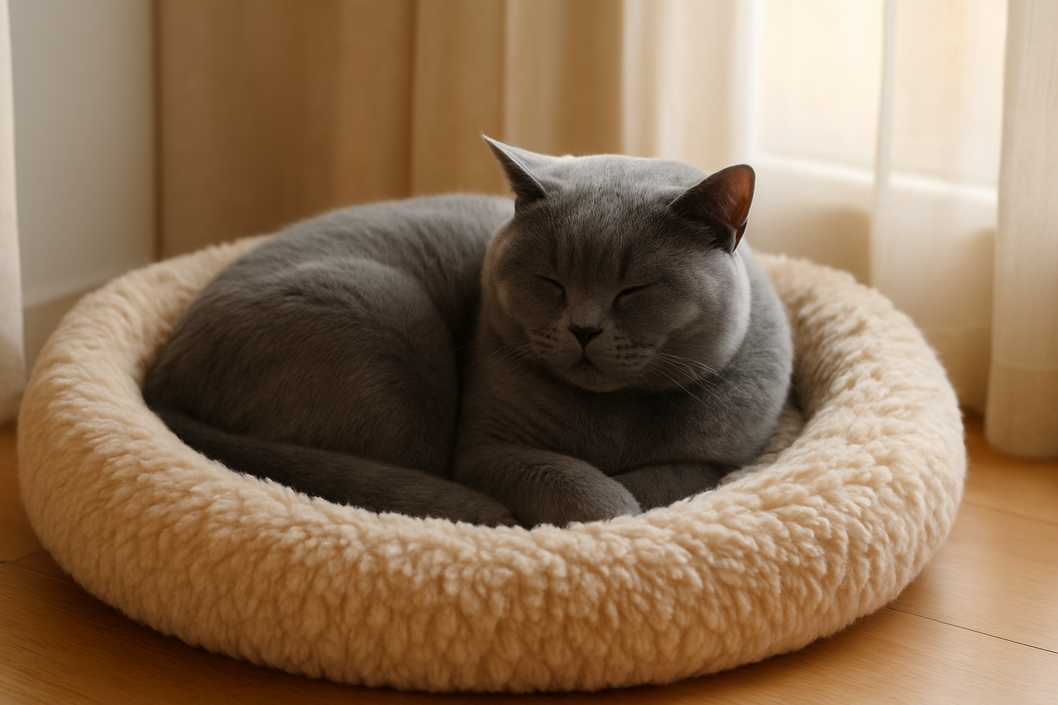 A calm British Shorthair cat with a plush blue-gray coat sitting gracefully, showcasing its round face and bright eyes
