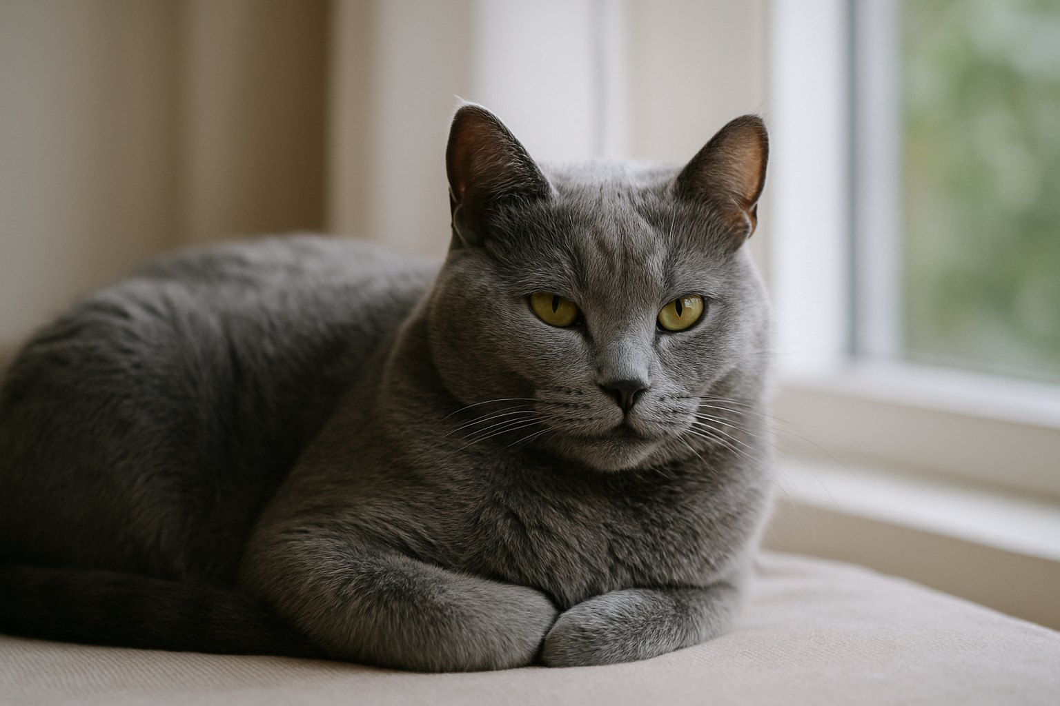 A detailed image of a Chartreux cat near a sunlit window, showing its blue-gray coat and golden eyes.