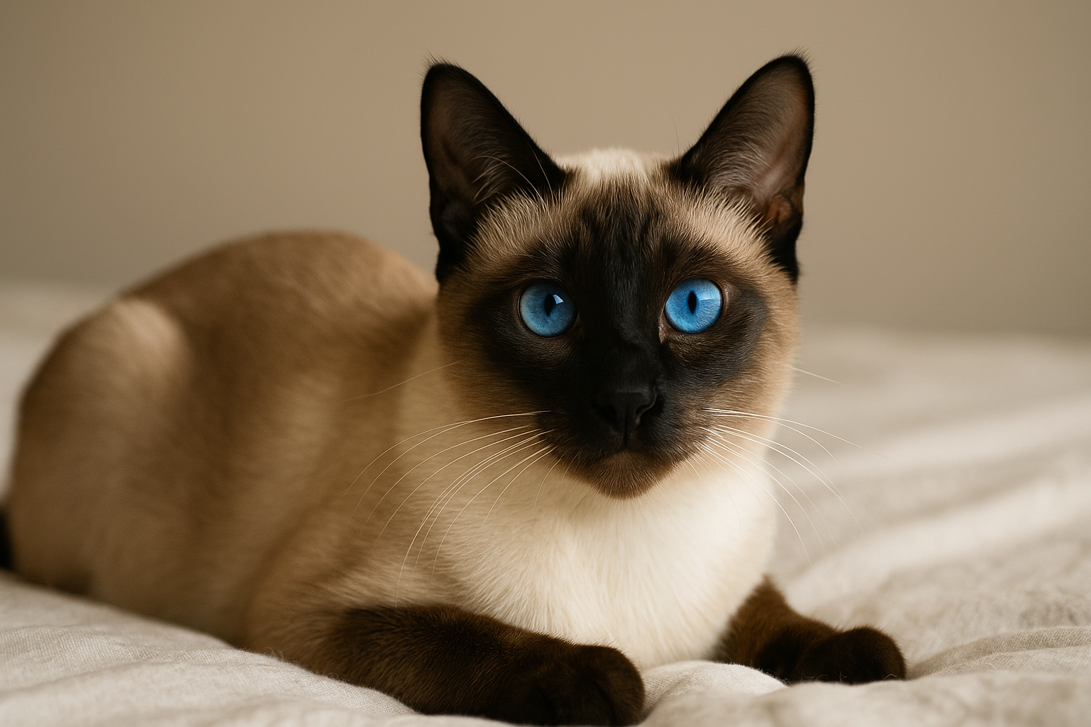 Elegant Siamese cat with striking blue eyes and dark point markings lounging near a window
