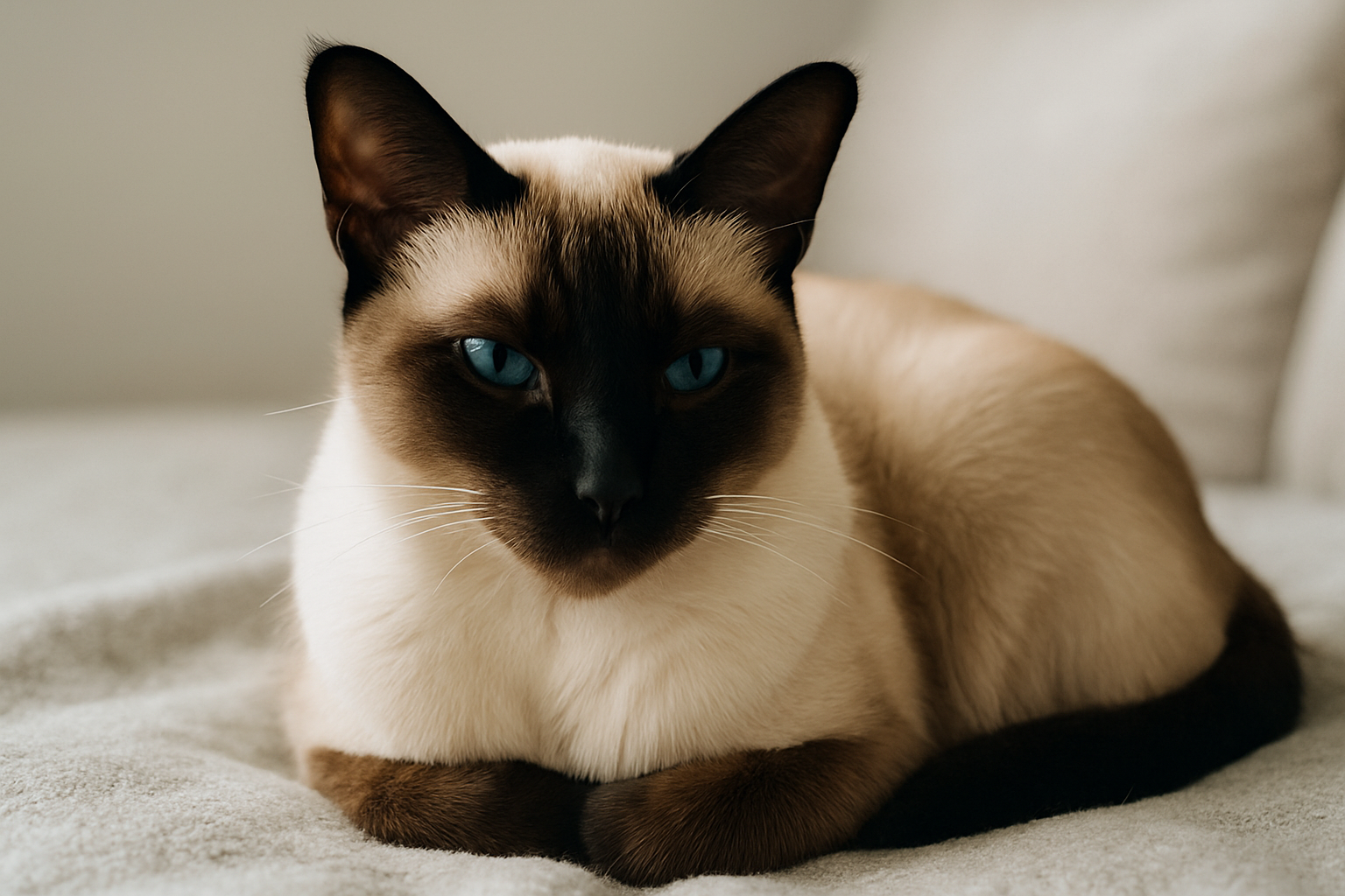 Siamese cat lying on a cozy blanket, looking alert with its cream body and dark seal points