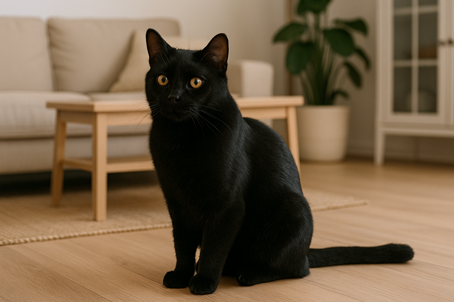Black American Shorthair cat sitting on a light wood floor in a cozy living room, with a beige sofa, wooden coffee table, and potted plant in the background.