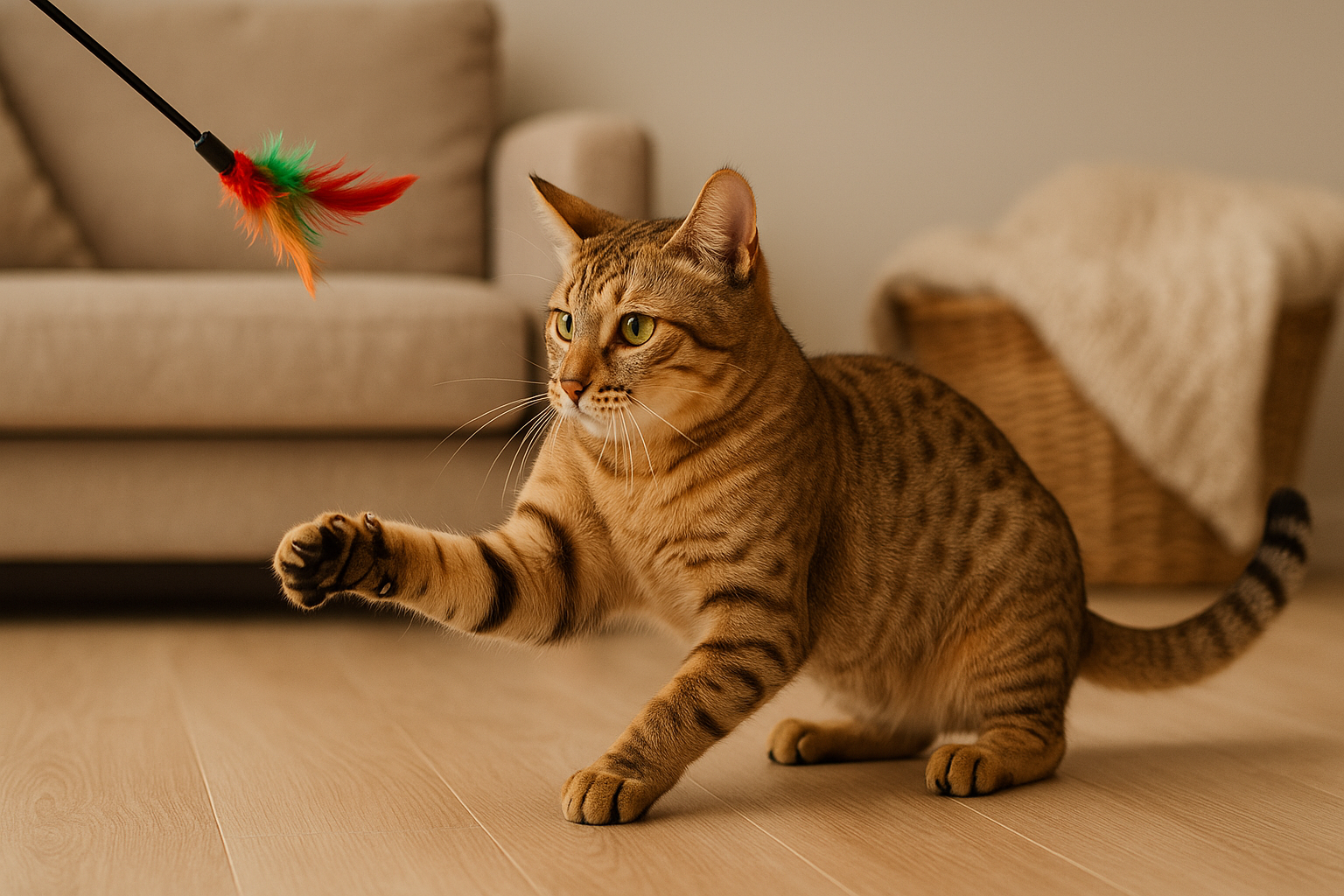 Australian Mist cat playing with a colorful feather toy in a cozy living room setting.