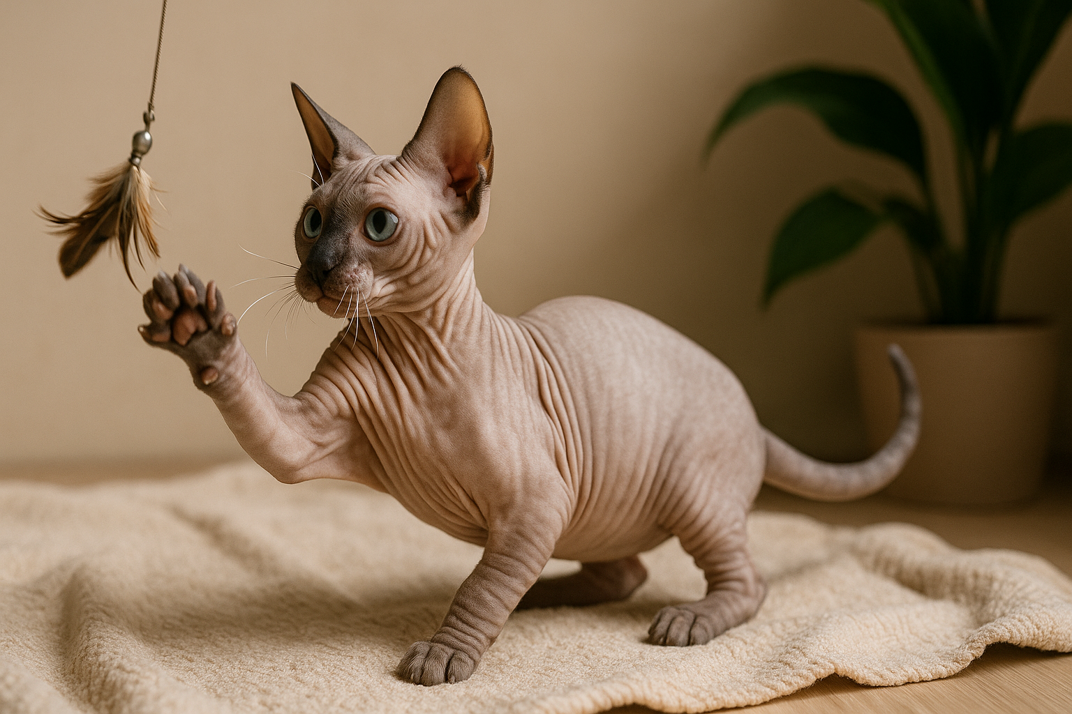 A playful hairless Bambino cat with short legs and wrinkled skin tossing at a feather toy on a cozy rug