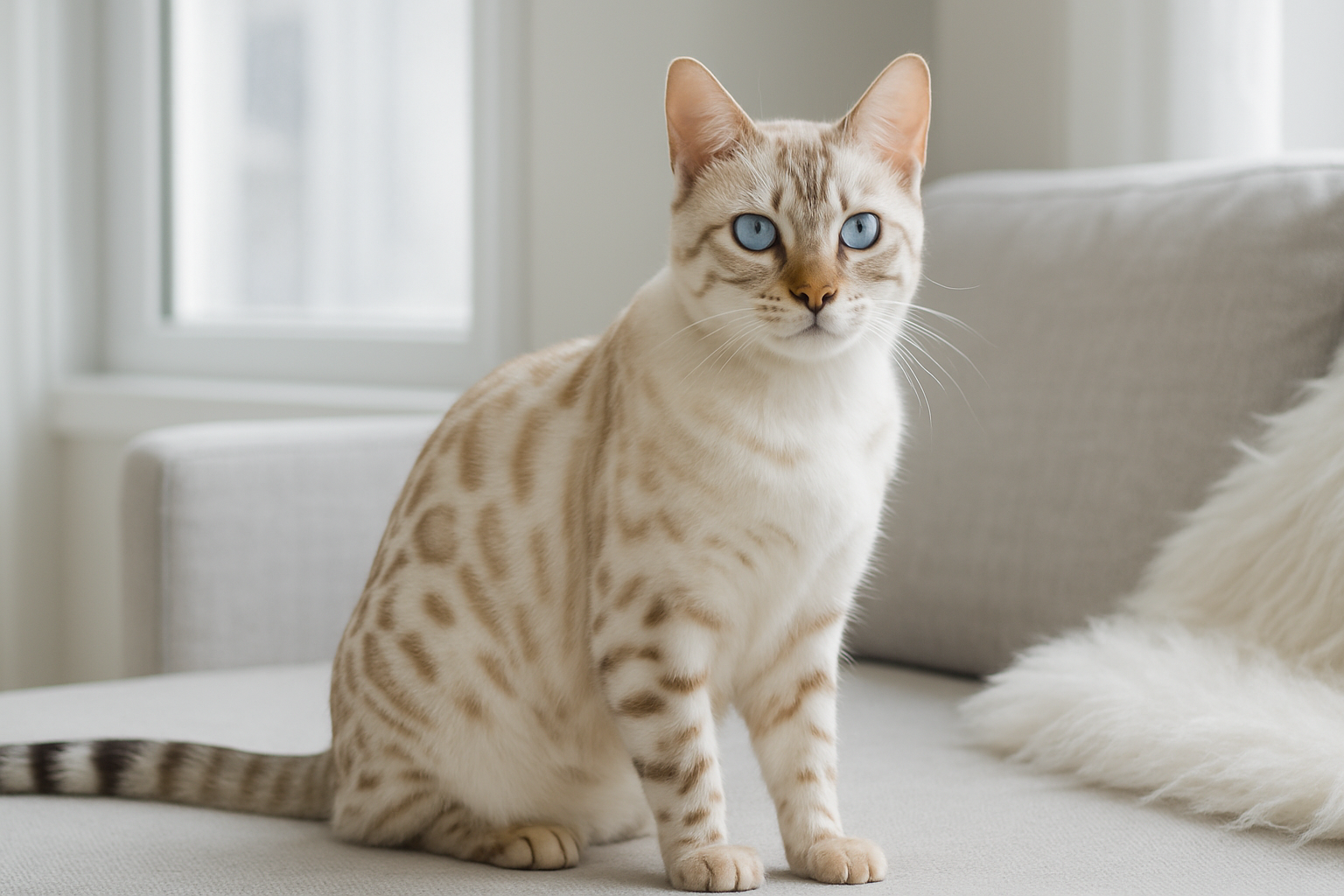 A Snow Bengal cat with a creamy white coat and subtle rosette markings sits gracefully on a light gray sofa. Its striking blue eyes and pink nose are highlighted by soft natural light coming from a nearby window.