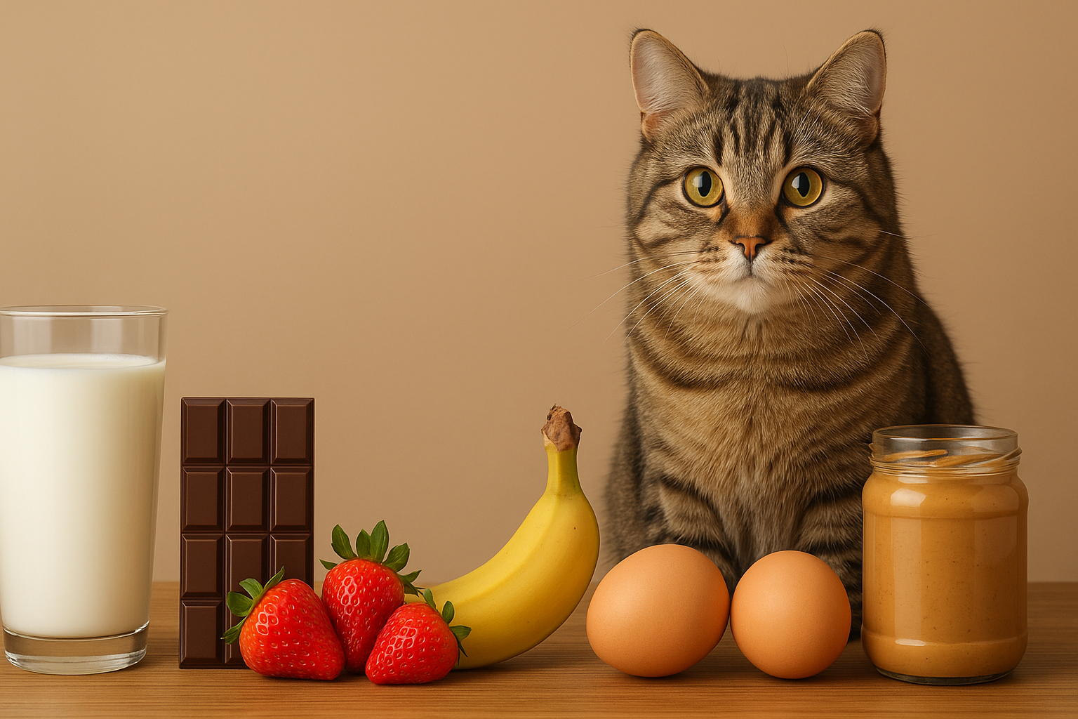 A tabby cat sitting next to a glass of milk, a standing chocolate bar, fresh strawberries, a banana, two brown eggs, and a jar of peanut butter arranged on a wooden surface against a warm beige background