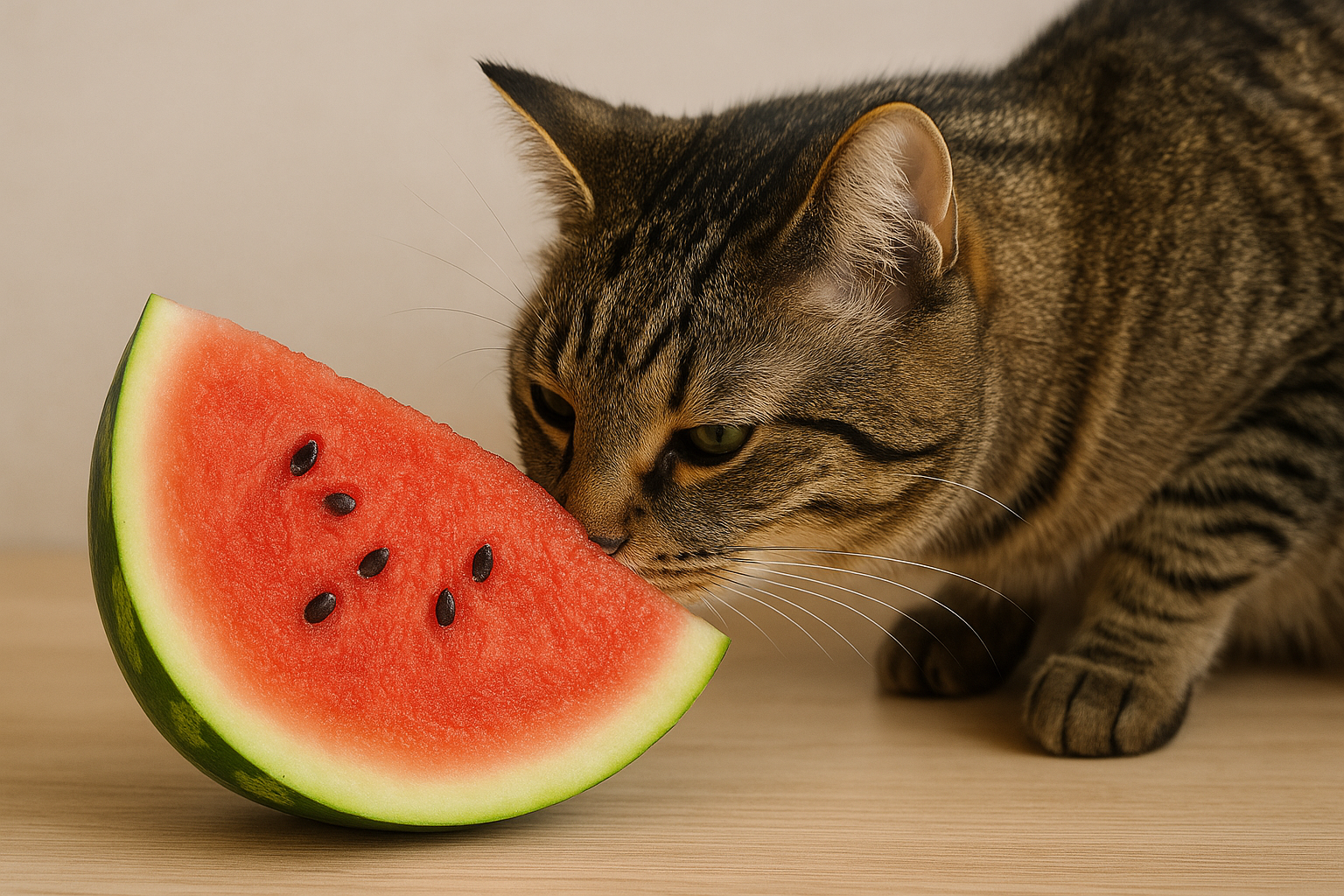 A brown tabby cat closely sniffs a large slice of seeded watermelon resting on a light wooden surface, with soft natural lighting and a neutral background.