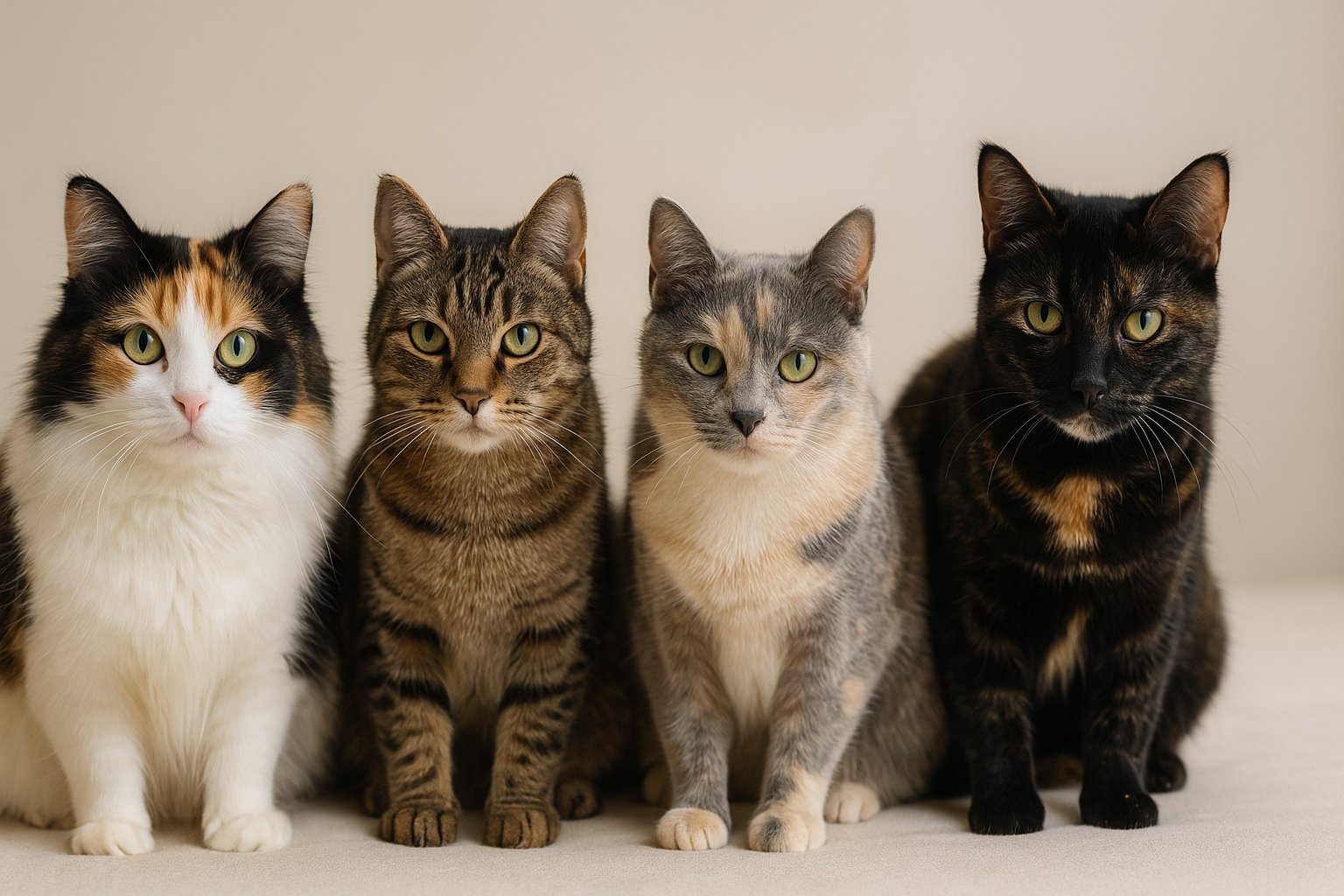 A group of cats showing different coat patterns, including calico, tabby, and tortoiseshell, sitting together on a soft background