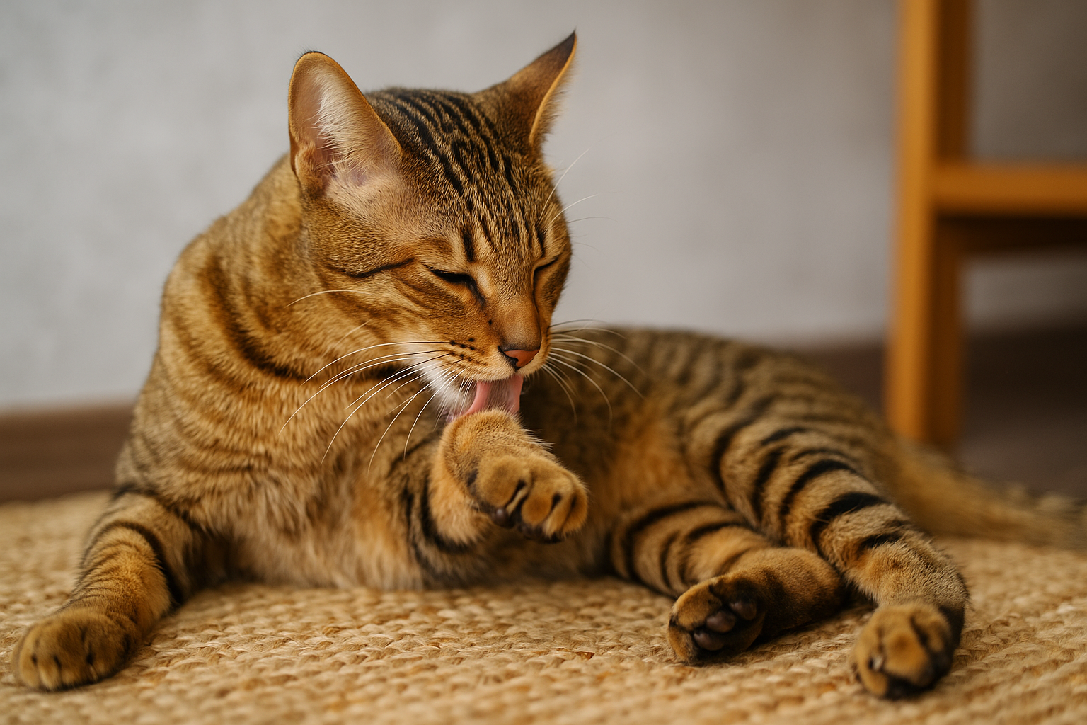 Dragon Li cat grooming its front paw while lying on a woven mat, showing golden-brown tabby fur and wedge-shaped face