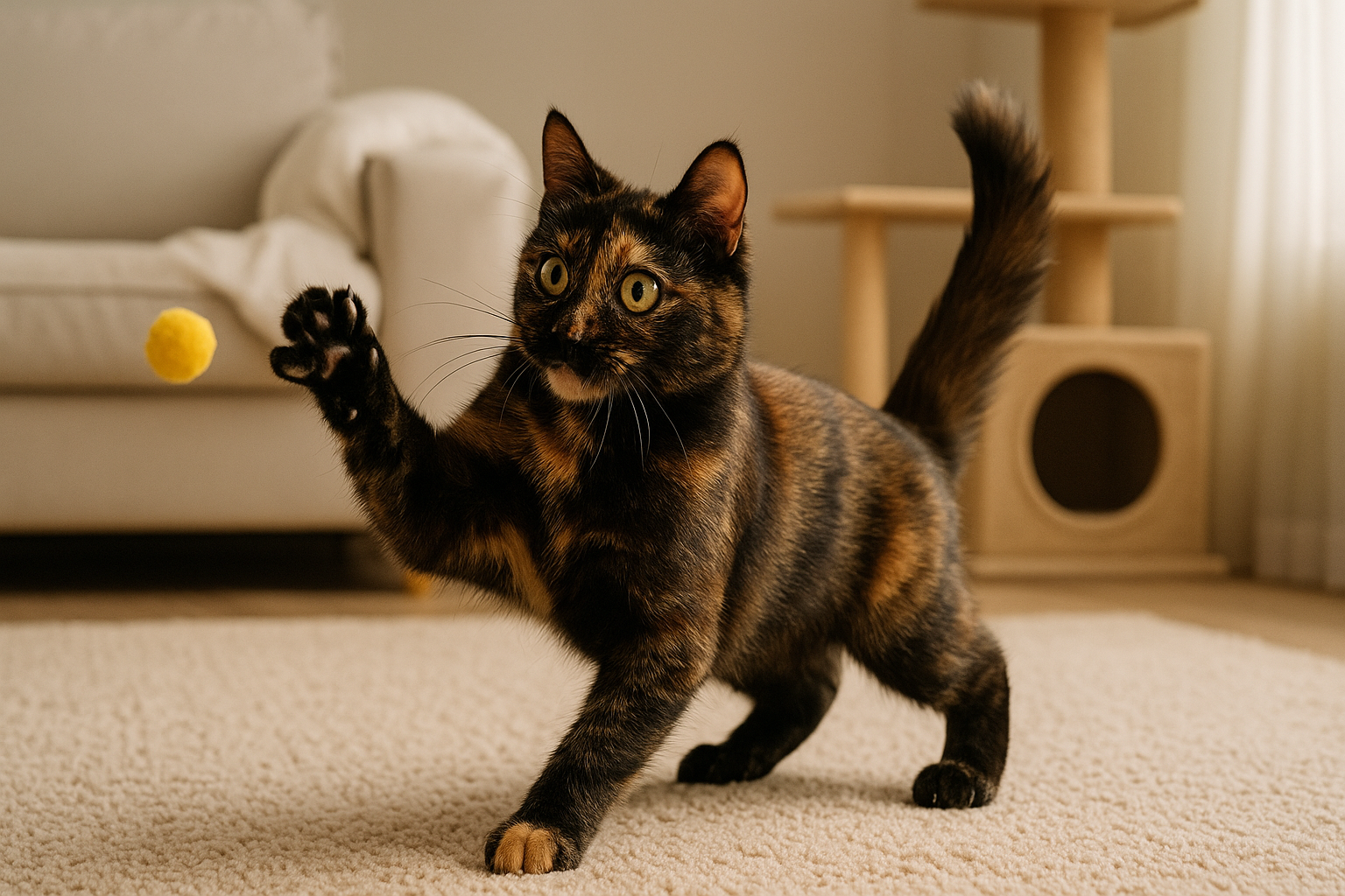 A tortoiseshell cat lounging on a windowsill with sunlight highlighting its mottled black, orange, and cream fur