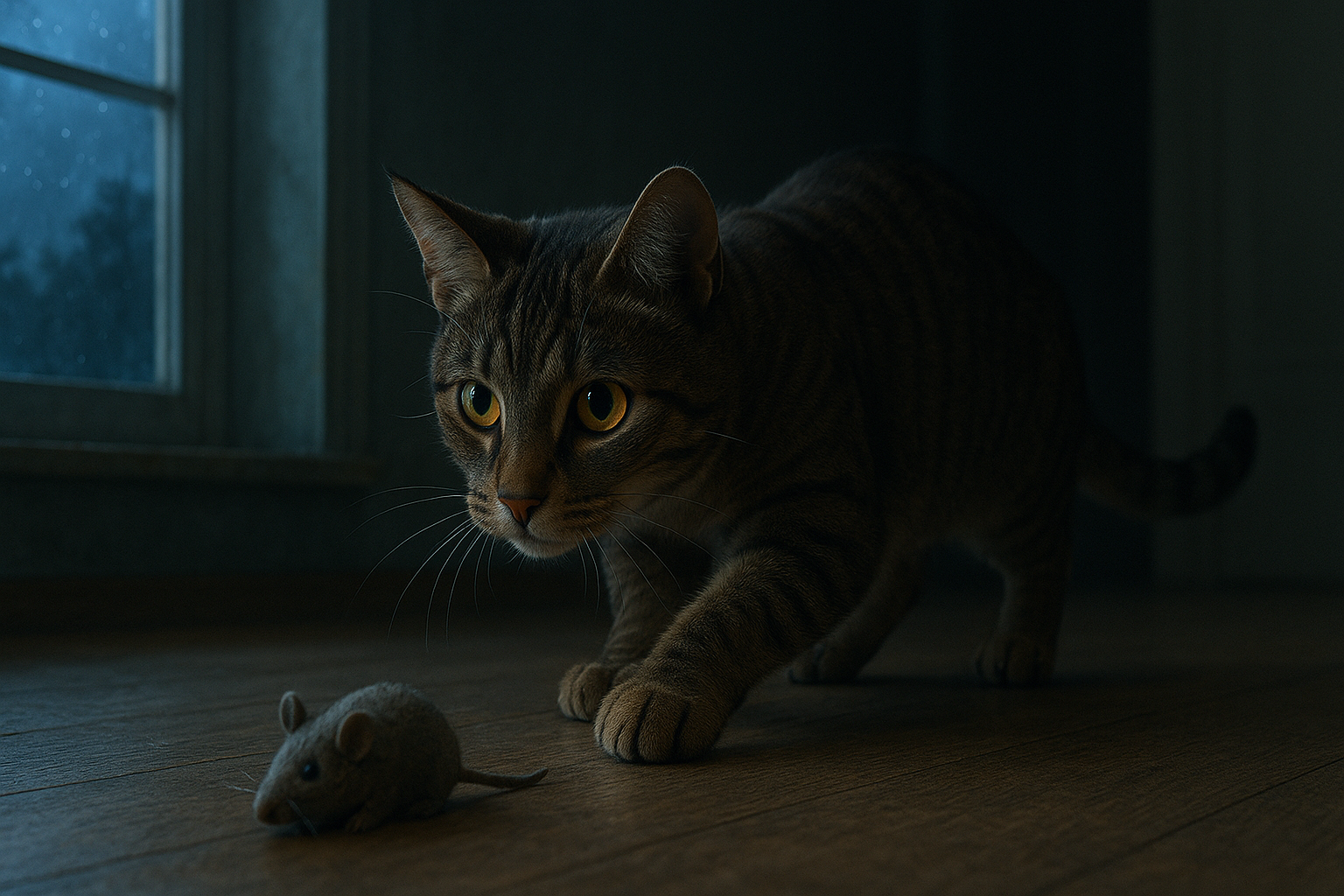 A tabby cat with wide amber eyes crouches on a wooden floor at night, stalking a small gray toy mouse. Soft moonlight filters through a nearby window, gently illuminating the cat's focused expression and striped fur.