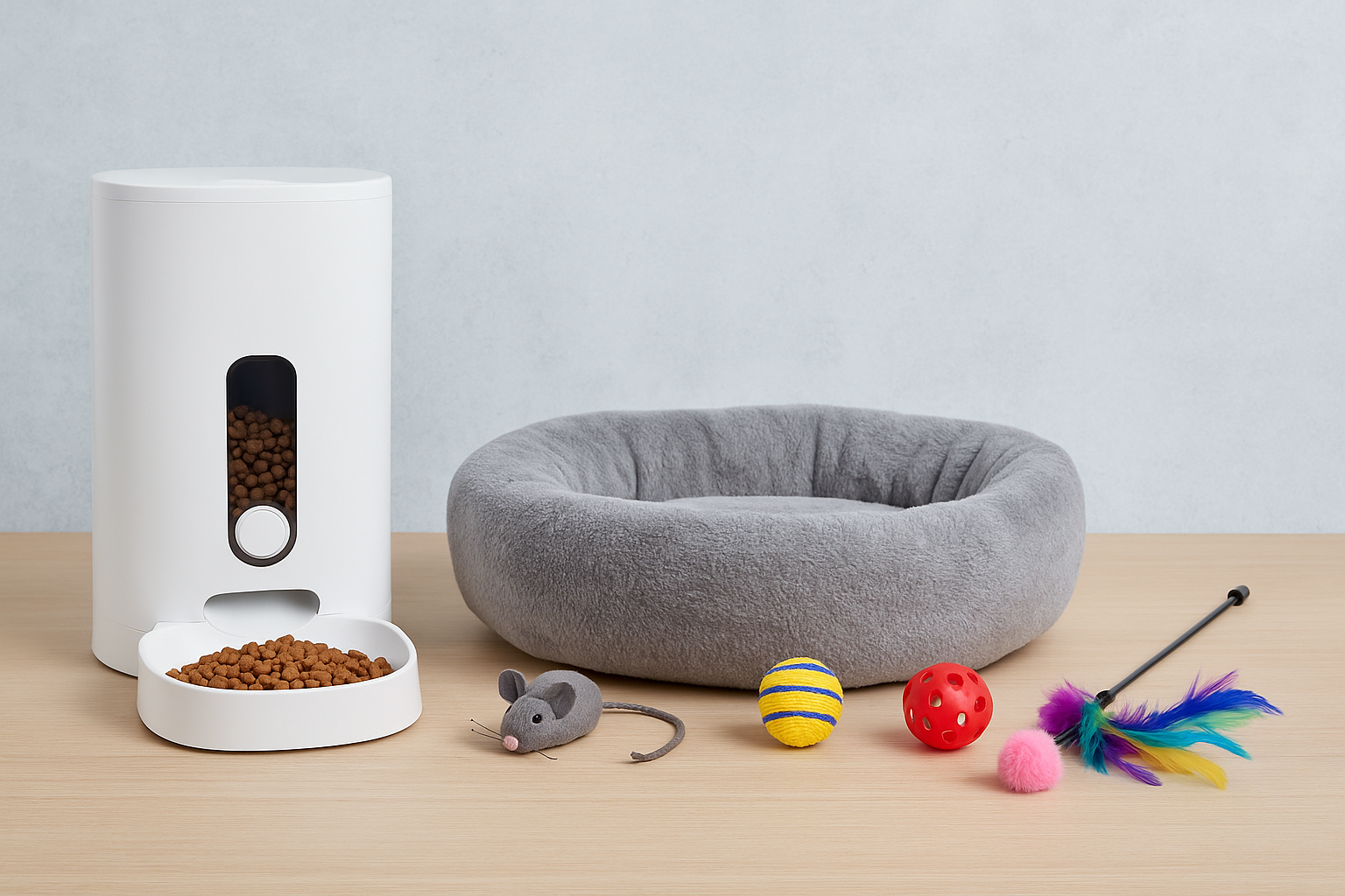 A photograph showcases cat care products arranged on a wooden surface, including a compact automatic cat feeder, a soft round cat bed, and a variety of colorful toys like balls, plush mice, and teaser wands.