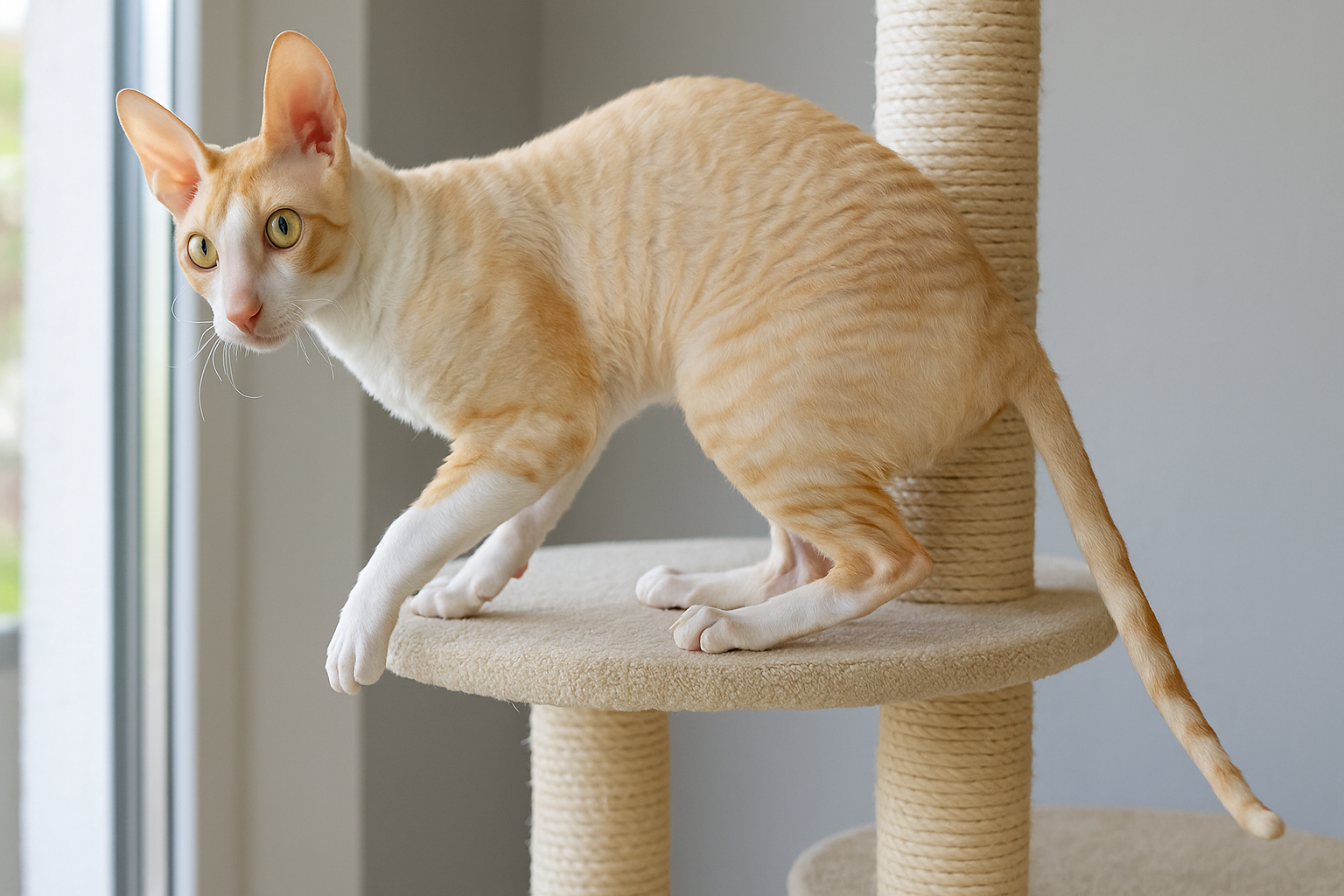 A playful Cornish Rex cat with a curly cream coat climbing a cat tree near a window