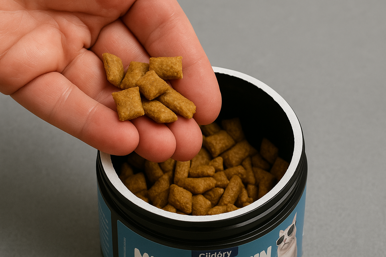 Hand holding crunchy cat vitamin chews above an open container on a gray countertop