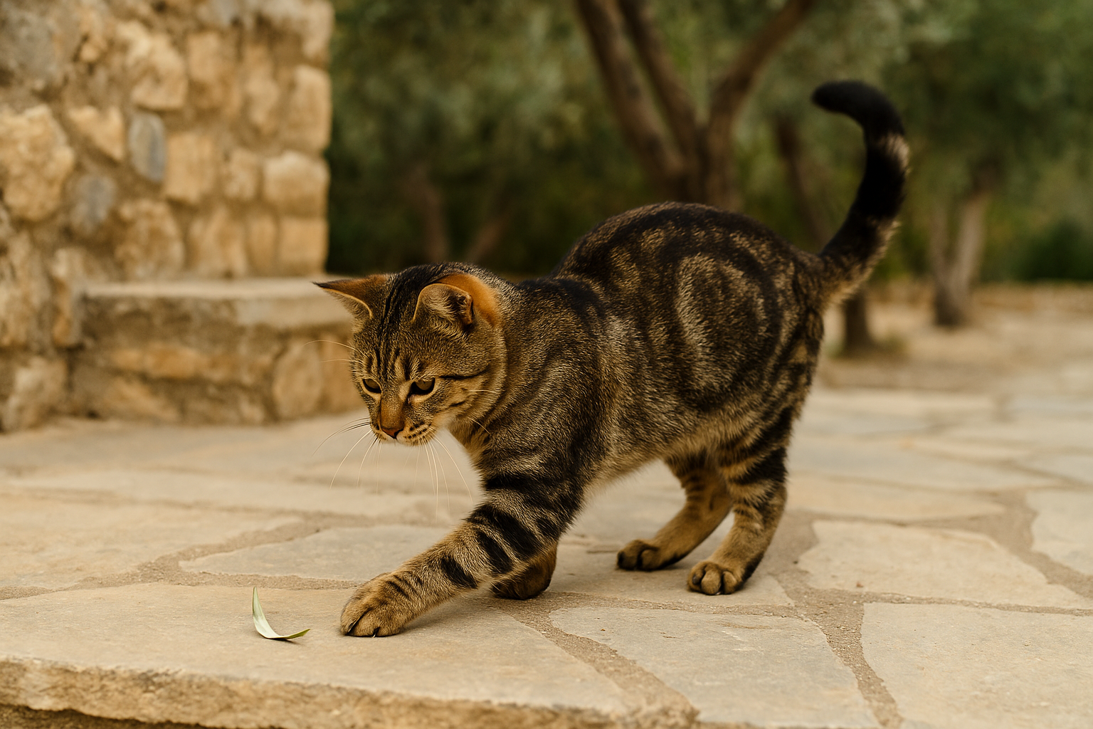 A playful Cyprus Cat with a short tabby coat reaches for a fallen olive leaf on a sunlit stone step