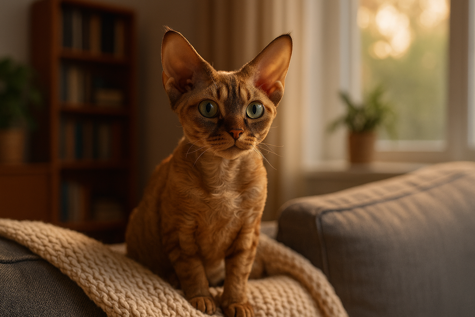 A Devon Rex cat with a wavy orange-brown coat sits on a beige blanket in soft golden light, surrounded by cozy home décor.