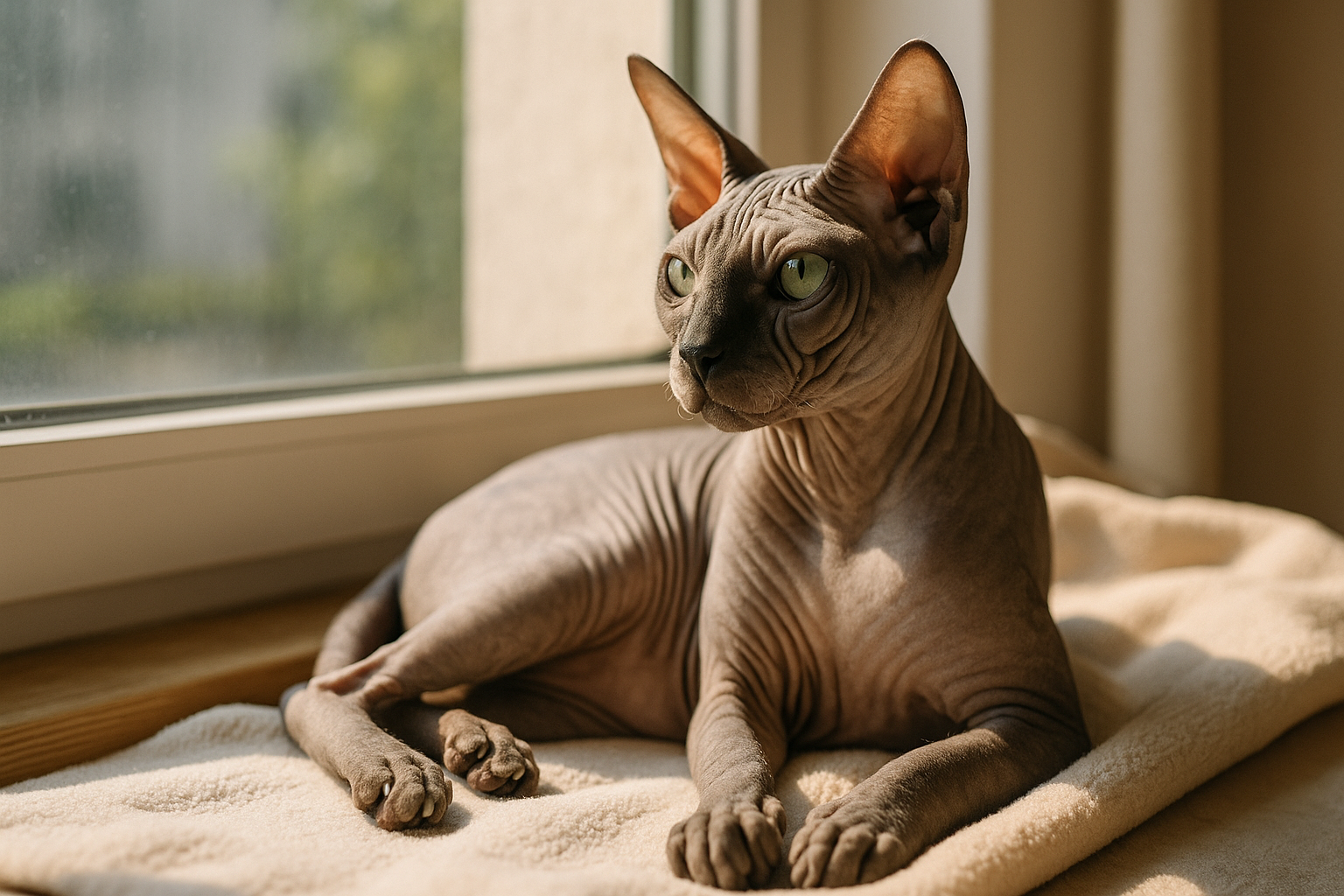 A hairless Donskoy Cat with wrinkled skin and large ears sits on a cozy light gray blanket, bathed in warm sunlight near a window, looking alert and calm.