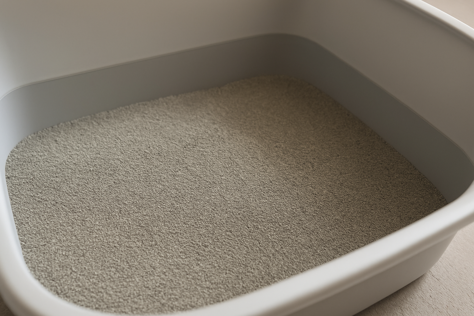 Close up of rectangular litter box filled with gray clumping cat litter, evenly spread and smooth surface