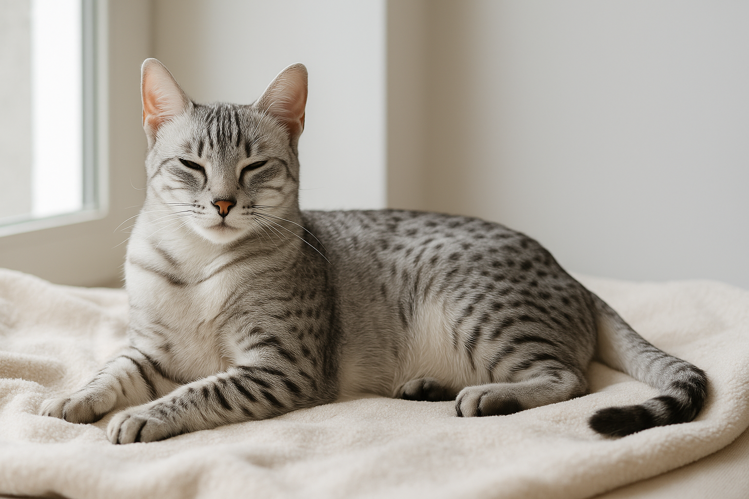 A relaxed Egyptian Mau cat with a sleek silver-spotted coat lounging on a soft blanket in natural light
