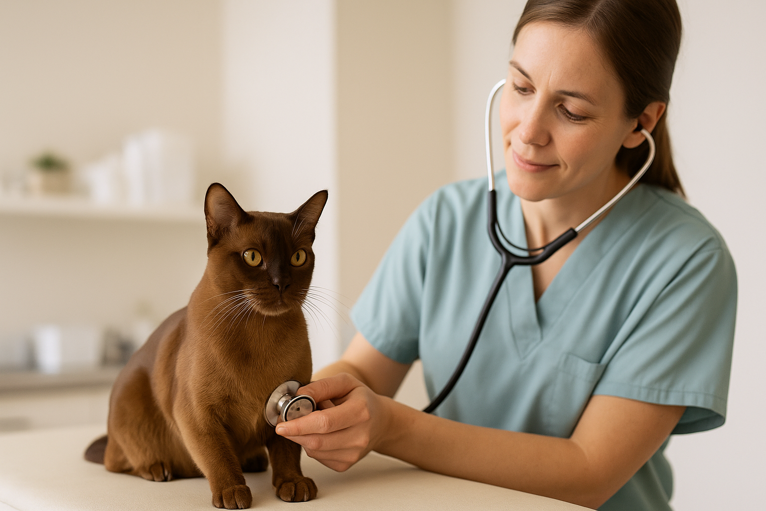 A healthy European Burmese cat sits calmly on a vet exam table while a veterinarian gently listens to its heartbeat with a stethoscope.