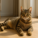 A European Shorthair Cat lounging in a sunlit room, showing its classic tabby coat and relaxed demeanor.