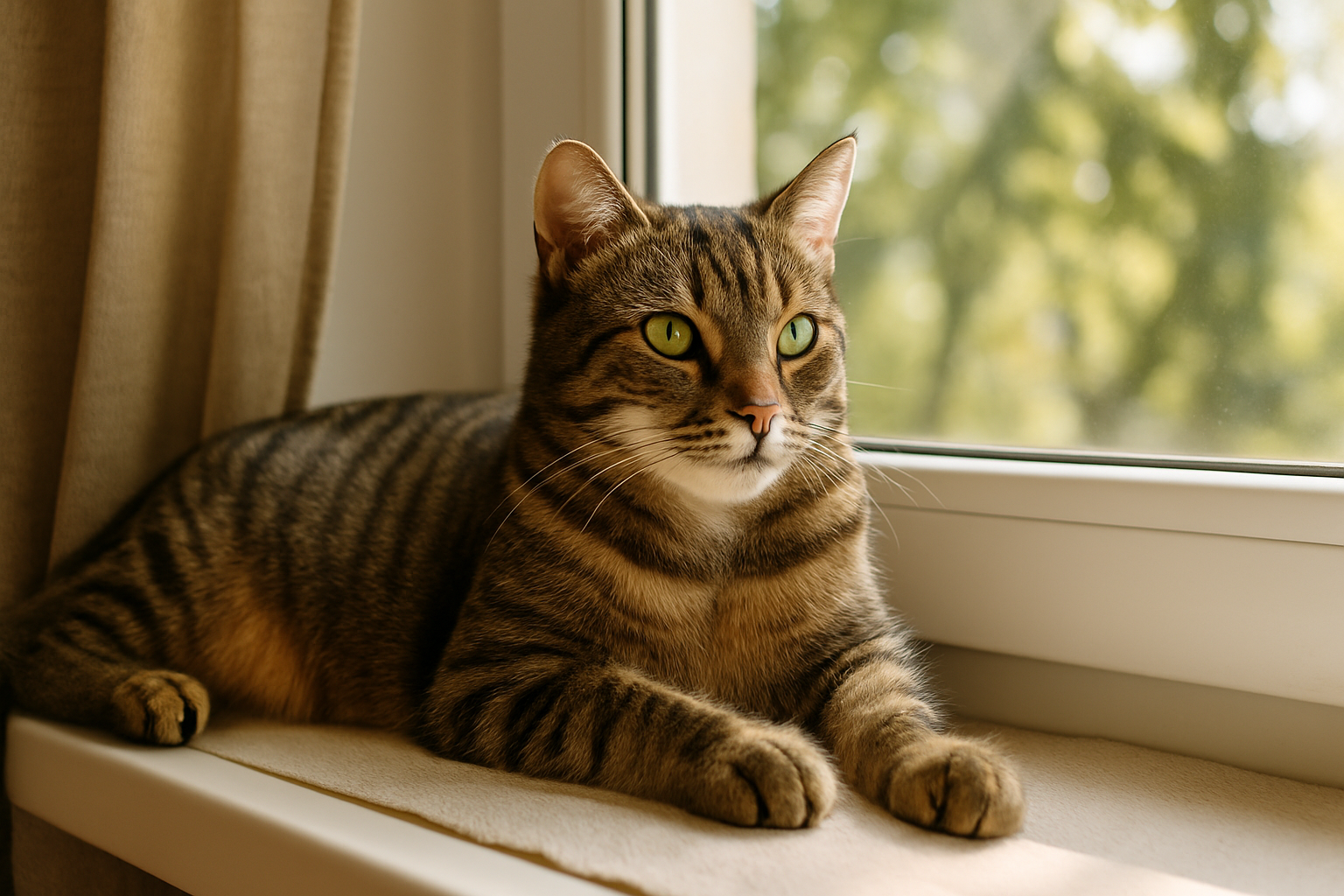 A European Shorthair tabby cat with green eyes lounges calmly on a windowsill, gazing outside as soft sunlight filters through the glass.