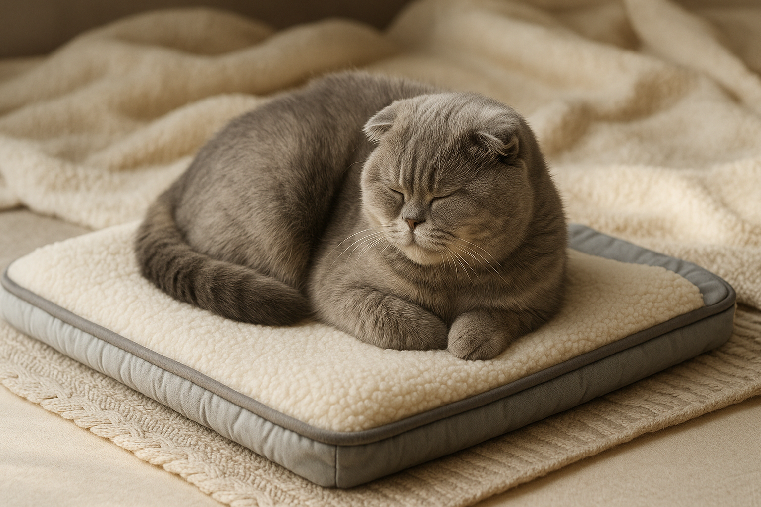 A Foldex cat resting on a cozy orthopedic pet bed, eyes closed and peaceful