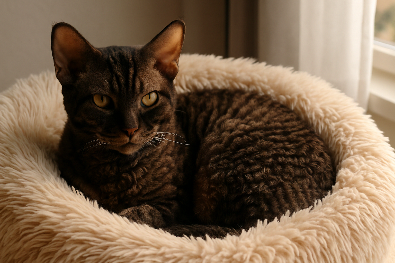 German Rex cat with a dark wavy tabby coat curled up in a beige faux fur donut bed near a window, with soft natural light highlighting its textured fur and golden eyes