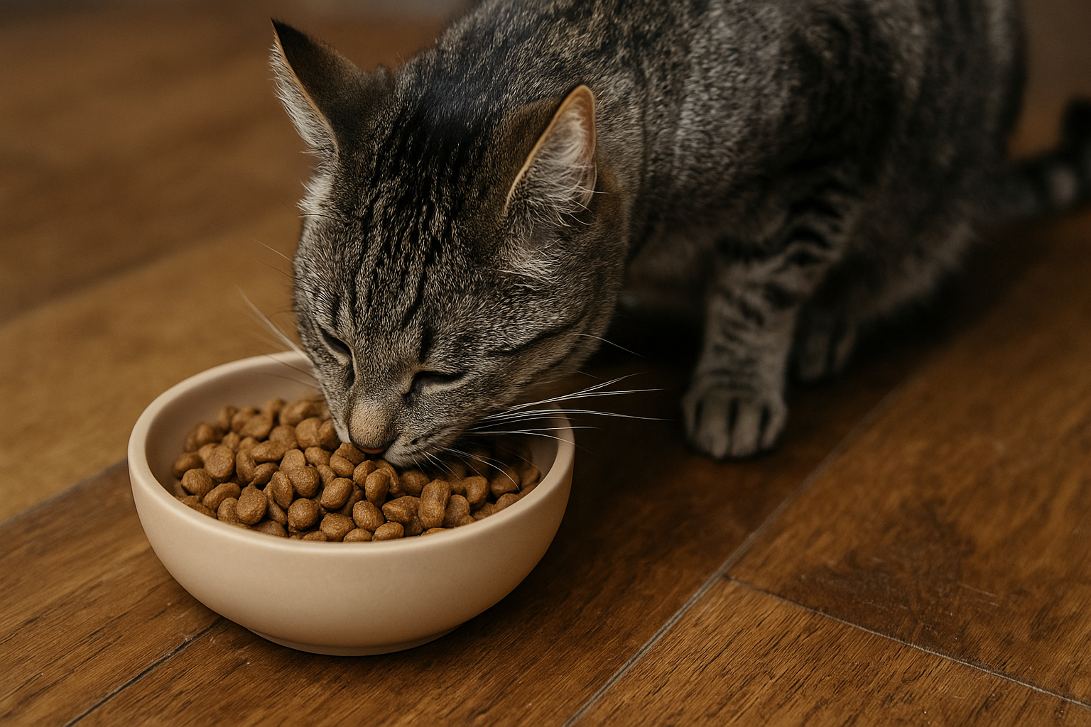 A domestic short-haired tabby cat is crouched and eating from a white bowl filled with dry cat food, placed on a wooden floor in a softly lit home setting.