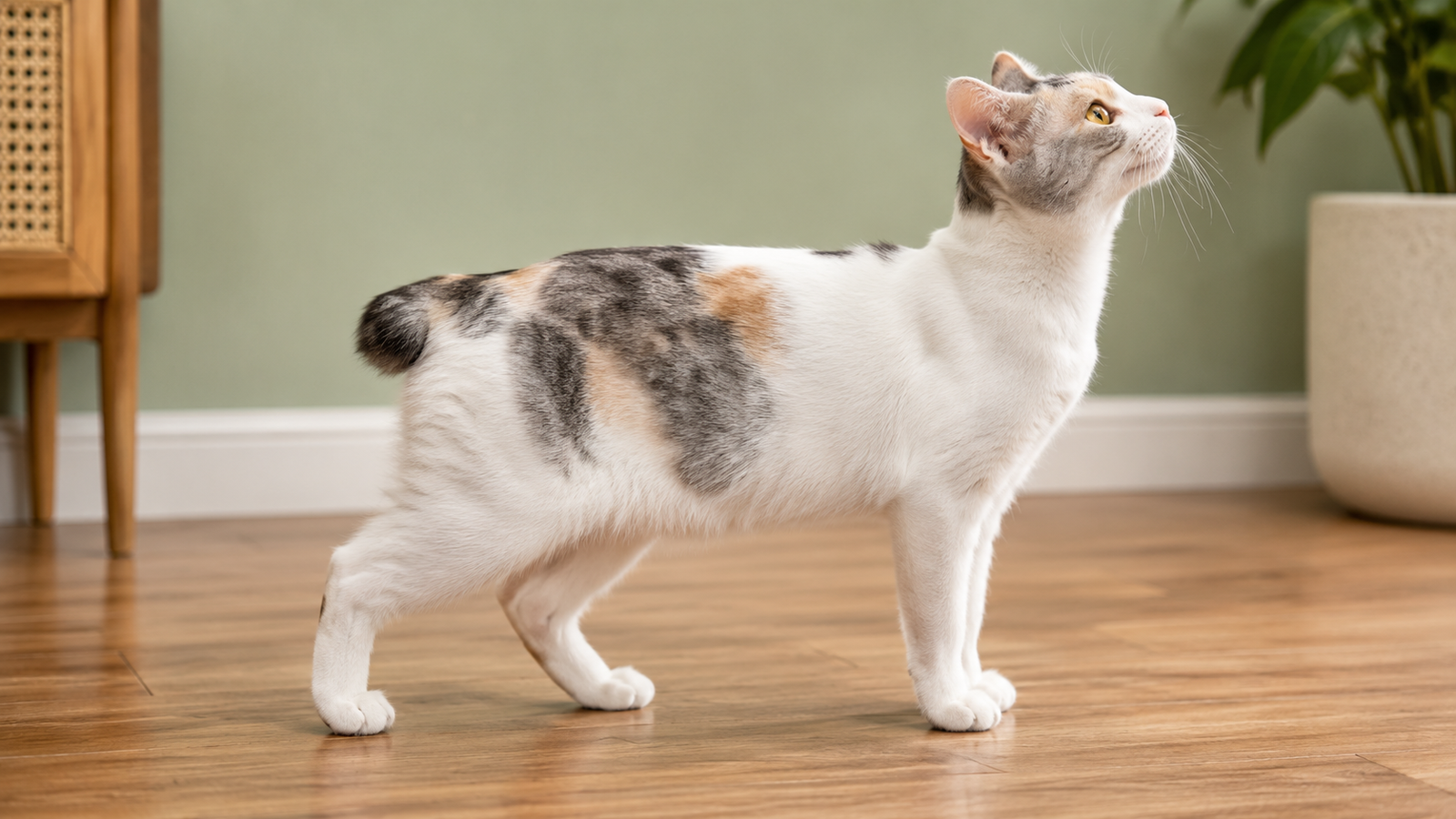 Japanese Bobtail cat with a short bobbed tail standing on a wooden floor in a bright indoor room.