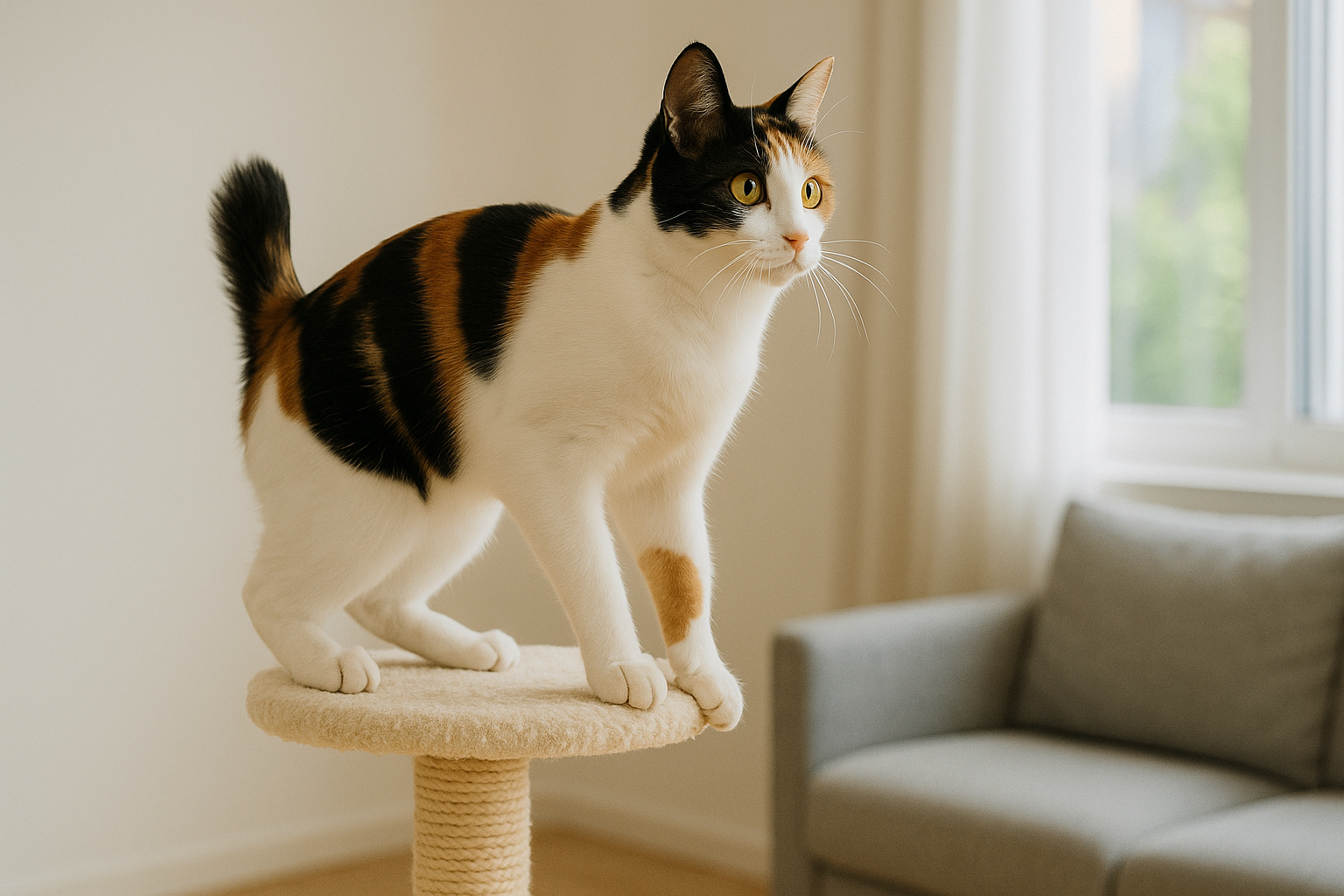 Tricolor Japanese Bobtail cat standing alert on the top platform of a beige cat tree, with golden eyes and a short tail, in a sunlit living room with a window and gray couch in the background.