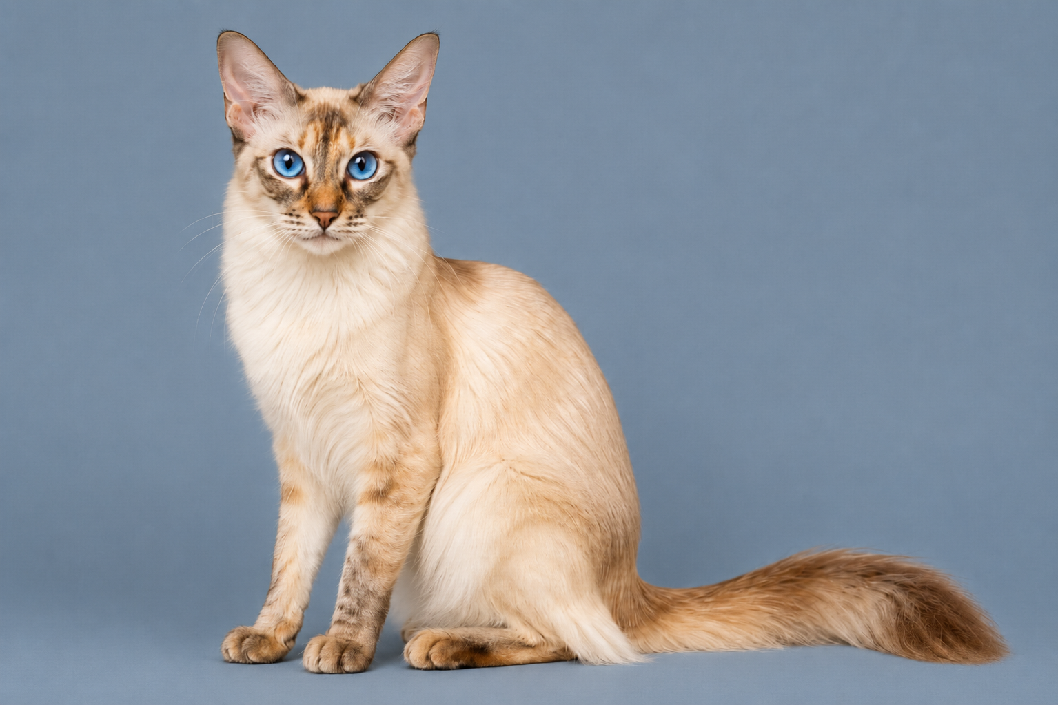 Javanese cat with blue eyes and a long plumed tail on a slate blue background.