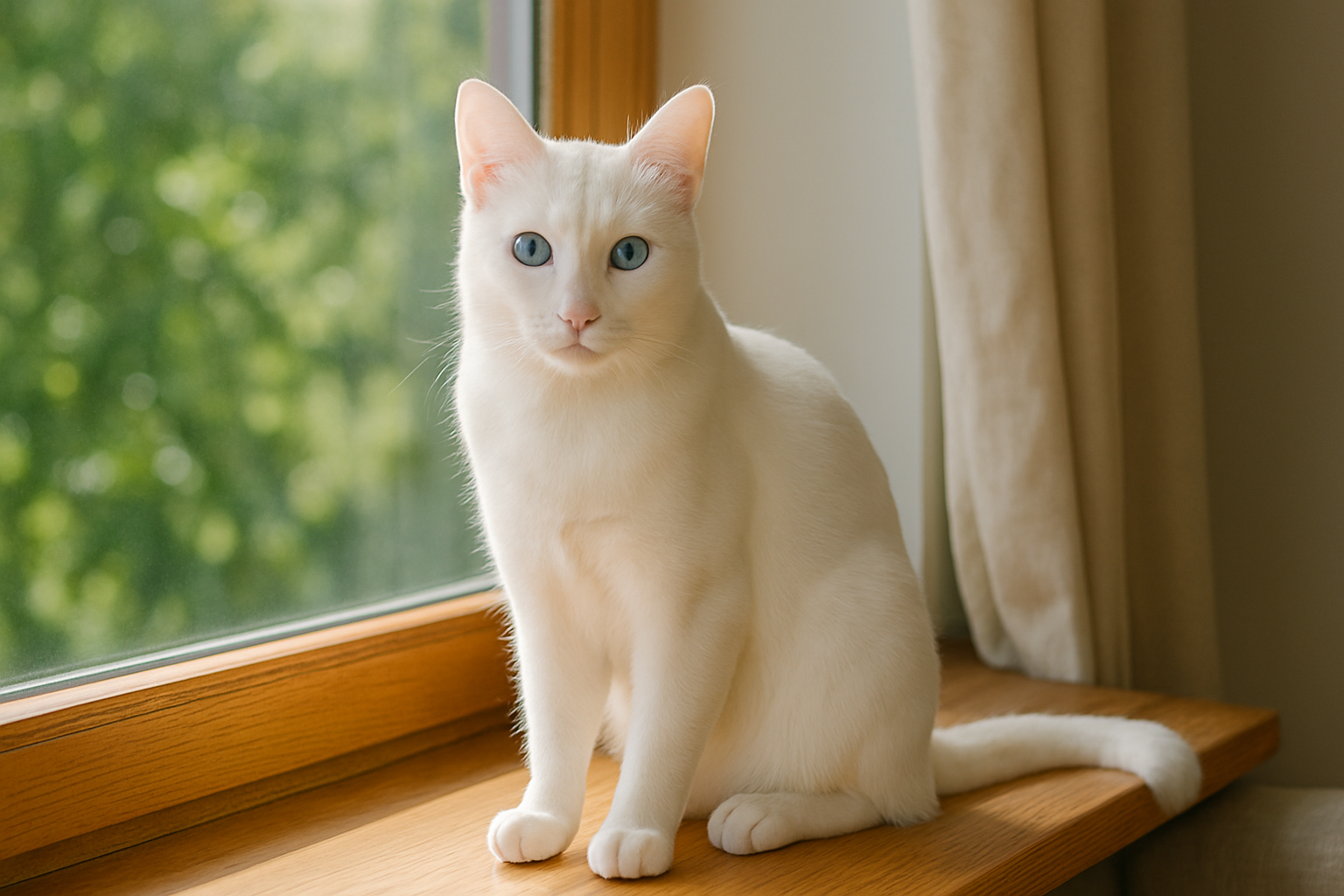 Khao Manee cat with pure white fur and striking blue eyes sitting on a wooden windowsill, with soft daylight and green foliage visible through the window.