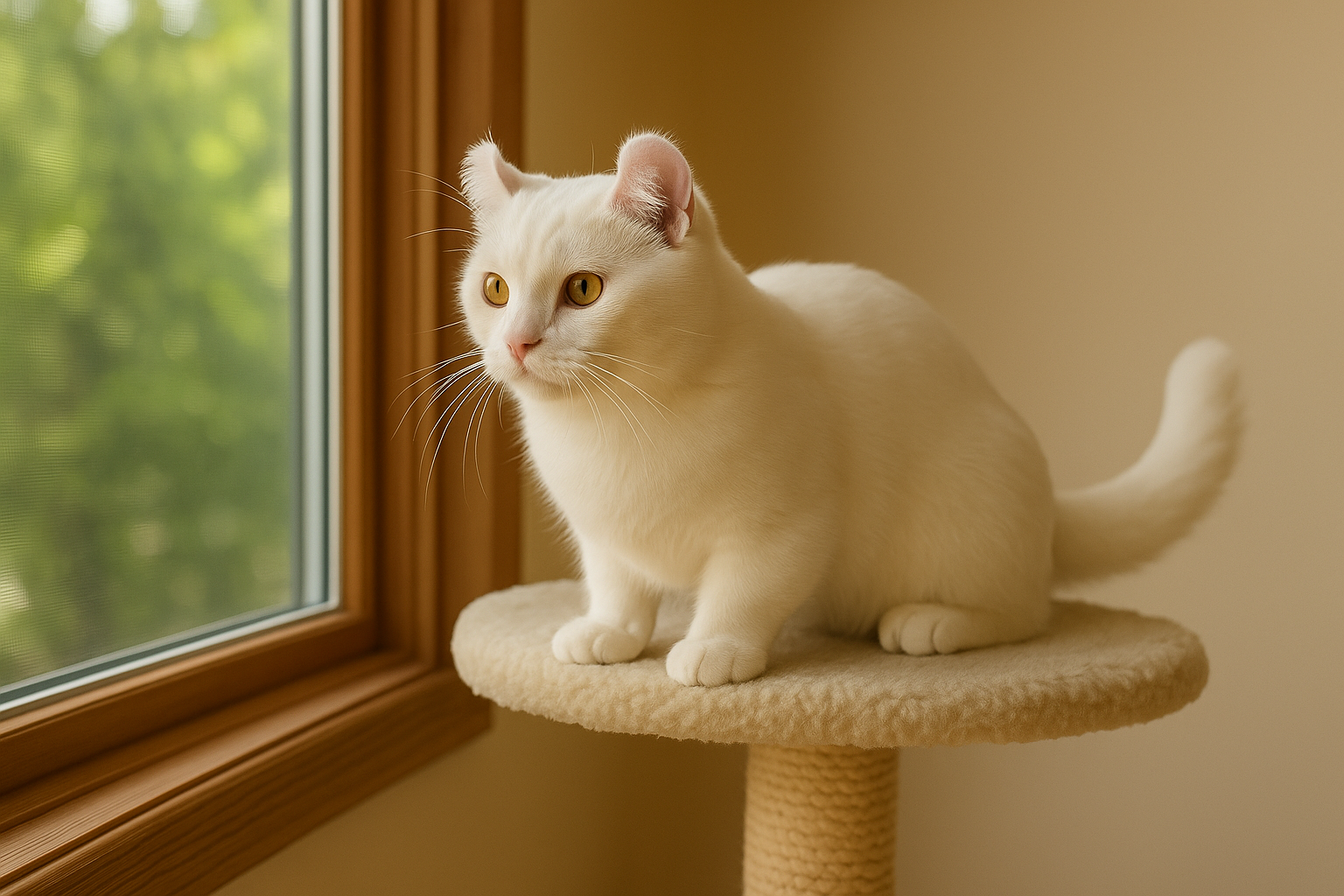 White Kinkalow cat with curled ears and short legs sitting on a beige cat tree by a window