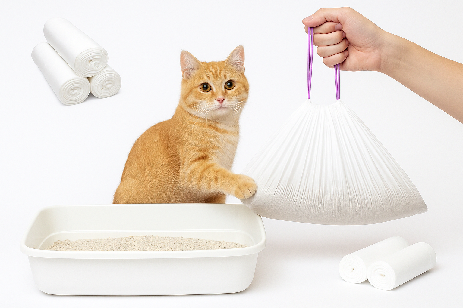 A clean litter box lined with a tidy plastic liner, ready for use by a cat