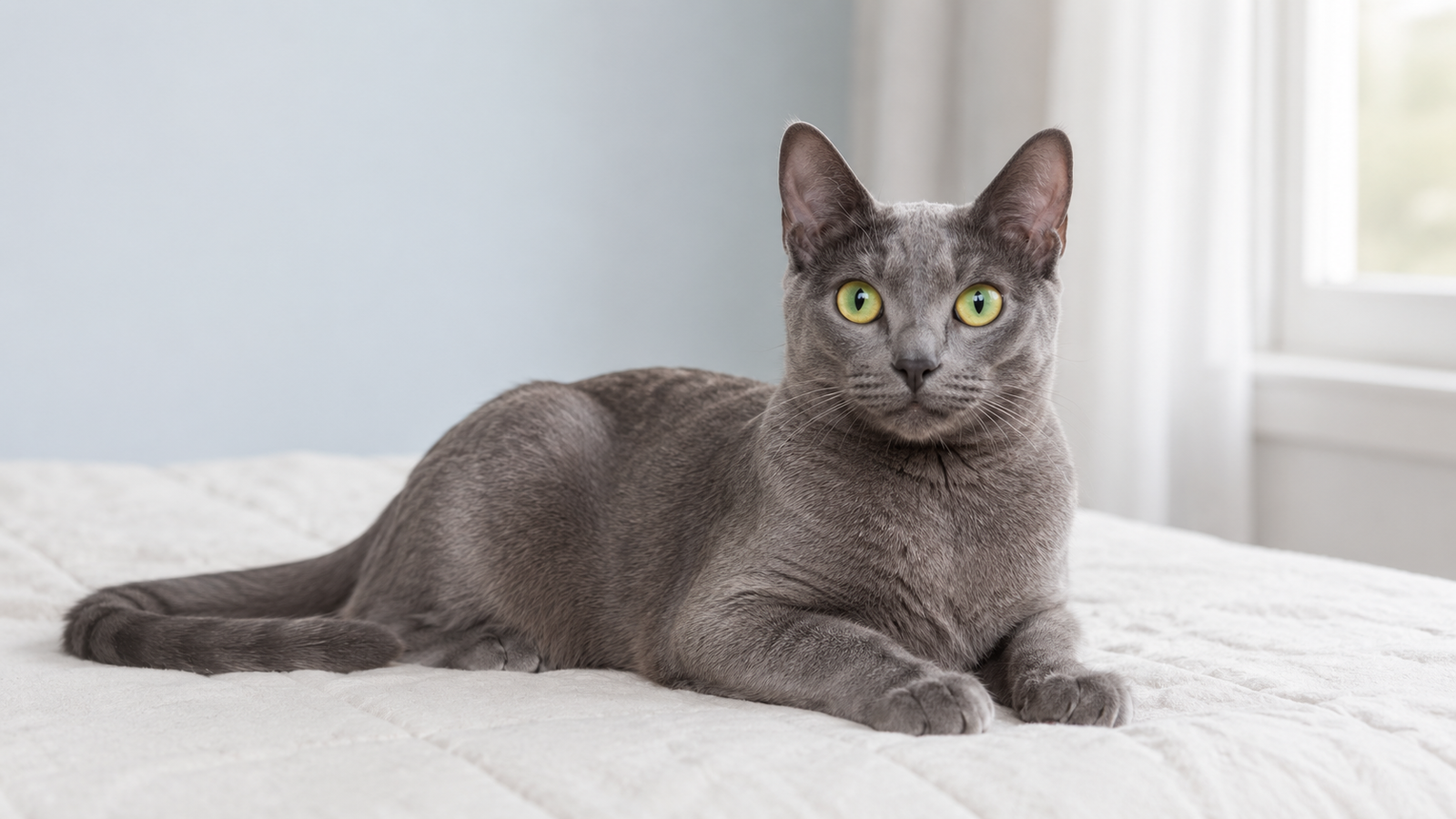 Korat cat with close-lying silver-blue coat and vivid green eyes resting on a white bed with soft natural window light
