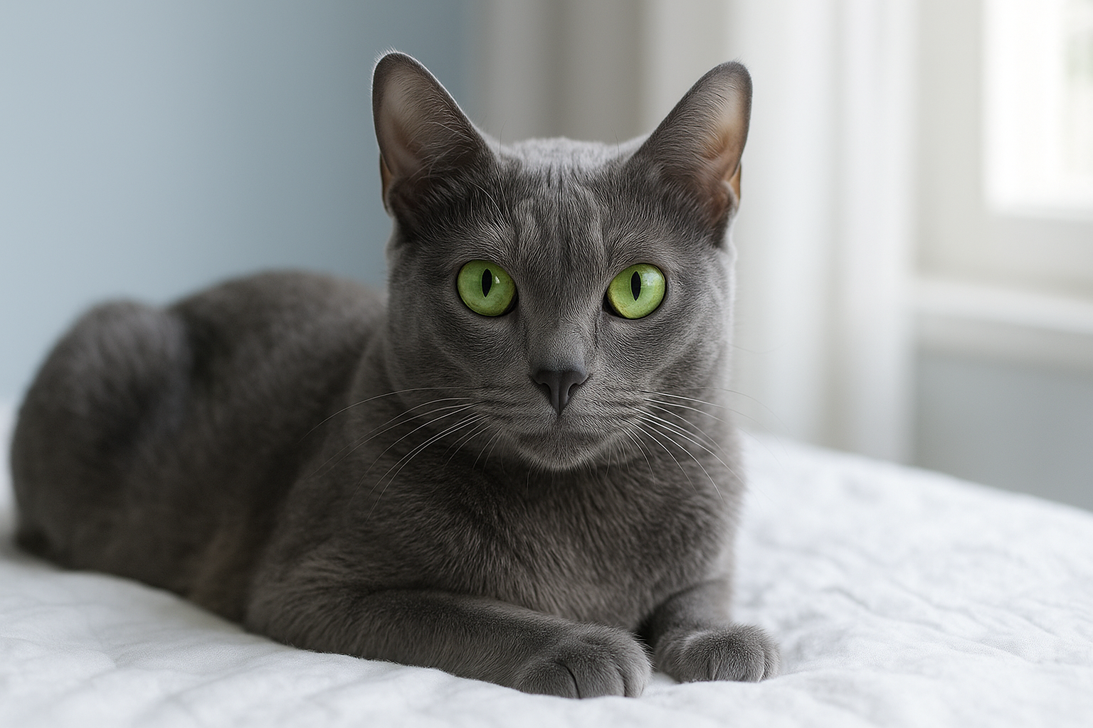Korat Cat with bright green eyes lying peacefully on a white blanket, with soft natural light from a window