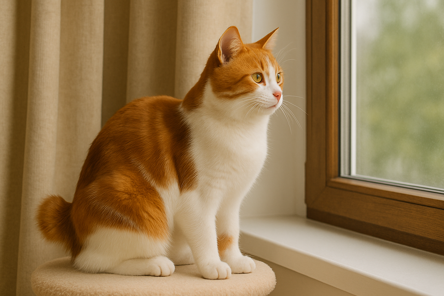 Red and white bicolor Kurilian Bobtail cat sitting on a beige cat perch by a wooden-framed window, gazing outside with alert golden eyes; short fluffy tail visible against neutral curtains and soft natural lighting.
