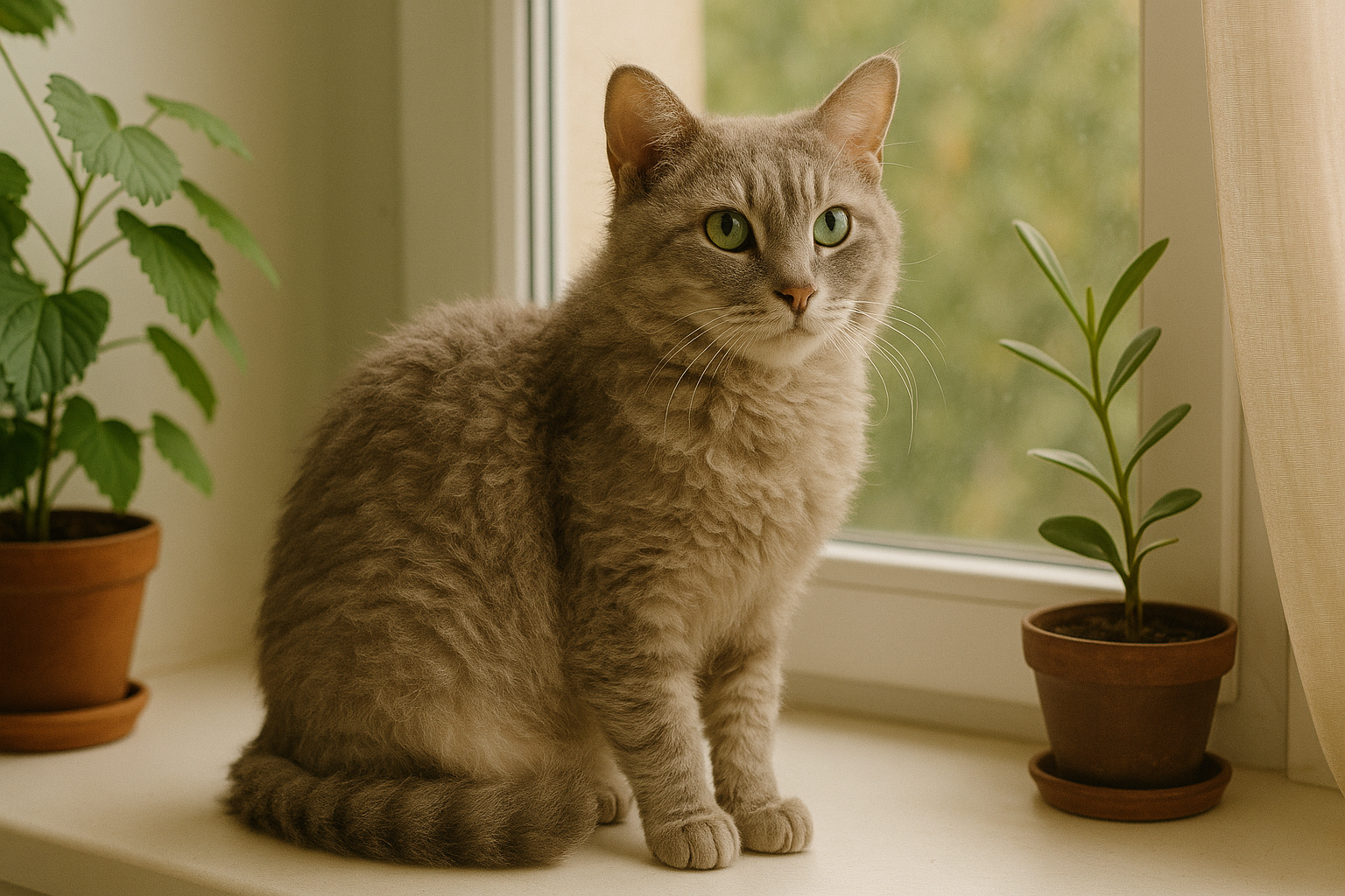 A LaPerm cat with soft, wavy gray fur and light cream highlights sitting on a white windowsill, framed by potted houseplants and lit by warm natural light