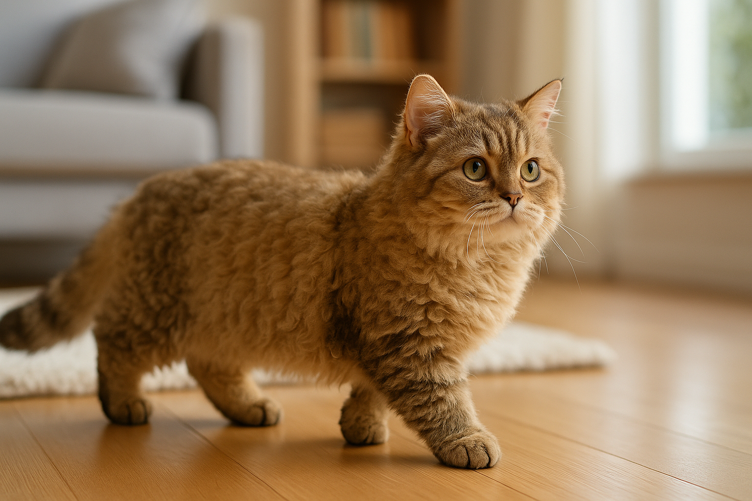 Lambkin cat walking, showing its short legs and fluffy golden curls in a cozy sunlit room