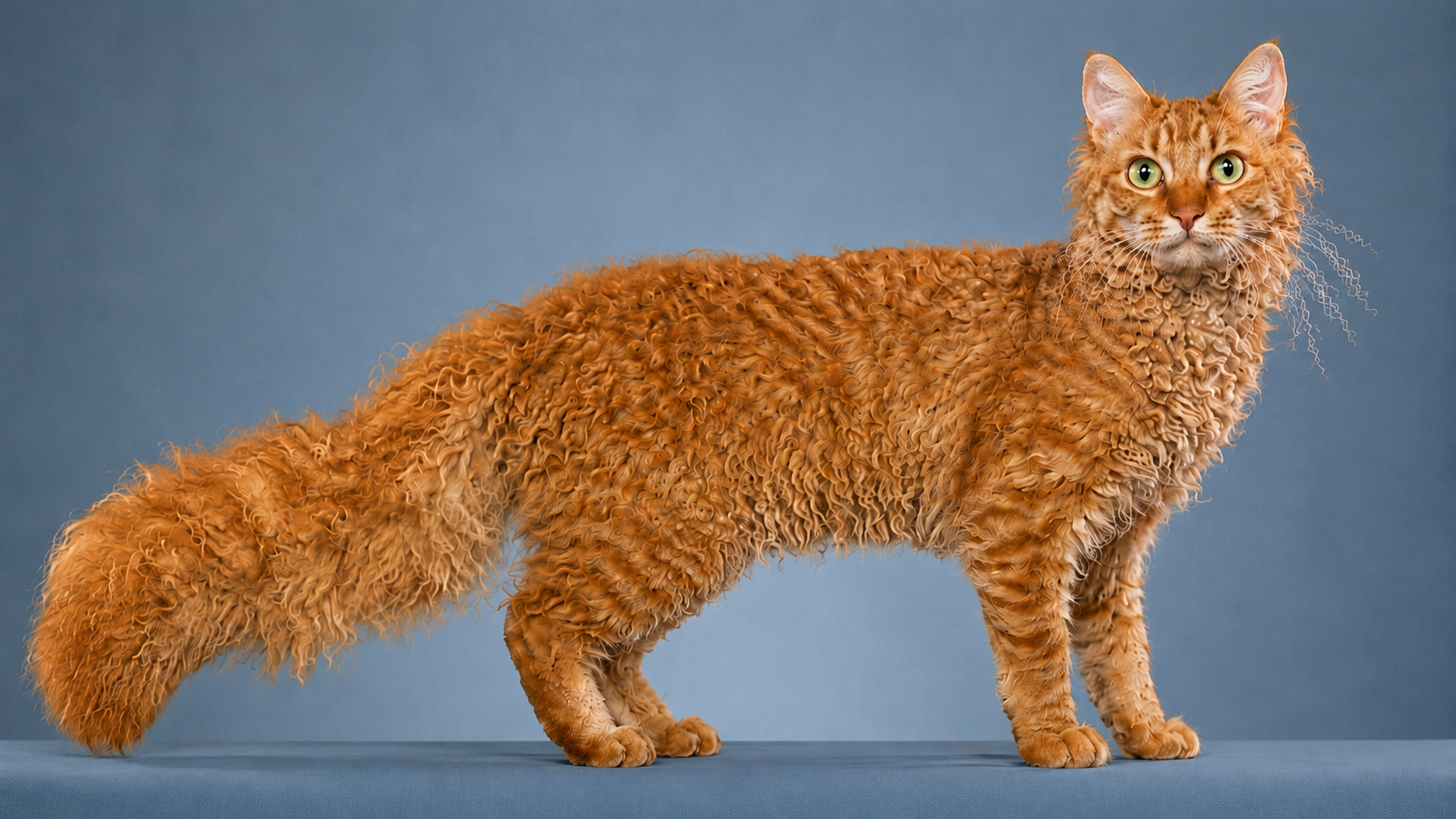 Red-orange LaPerm cat with a curly coat, wavy whiskers, and a plumed tail standing in profile against a blue background.
