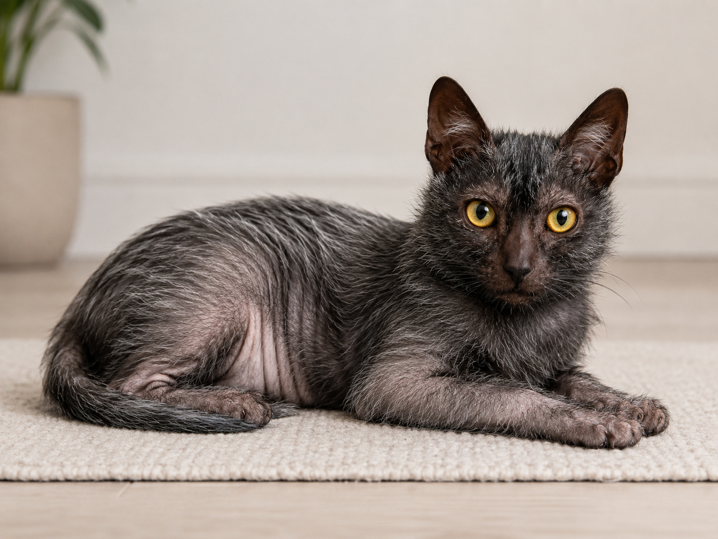 Charcoal black roan Lykoi cat lying on a light rug with sparse patchy fur, yellow eyes, upright ears, and visible bare skin on its side