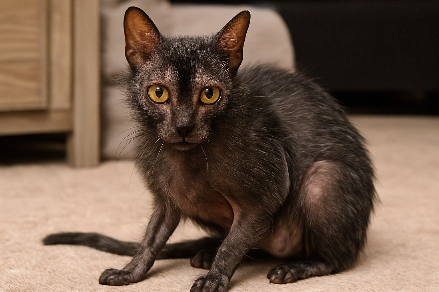 Black roan Lykoi cat with sparse, patchy fur and visible pink skin on its belly and legs, sitting on a beige carpet and staring directly at the camera with large golden-yellow eyes and upright ears