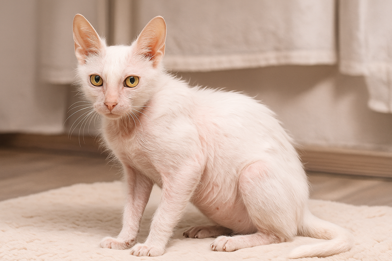 Lykoi cat with patchy black and gray coat, large yellow eyes, and upright ears, sitting on a wooden floor