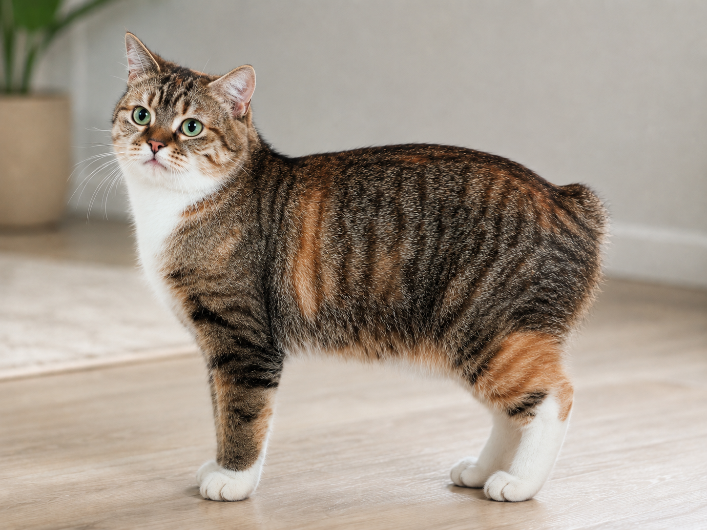 A brown tabby Manx cat with a rounded body, short tail area, white chest, and white hind leg stands indoors on a light wood floor