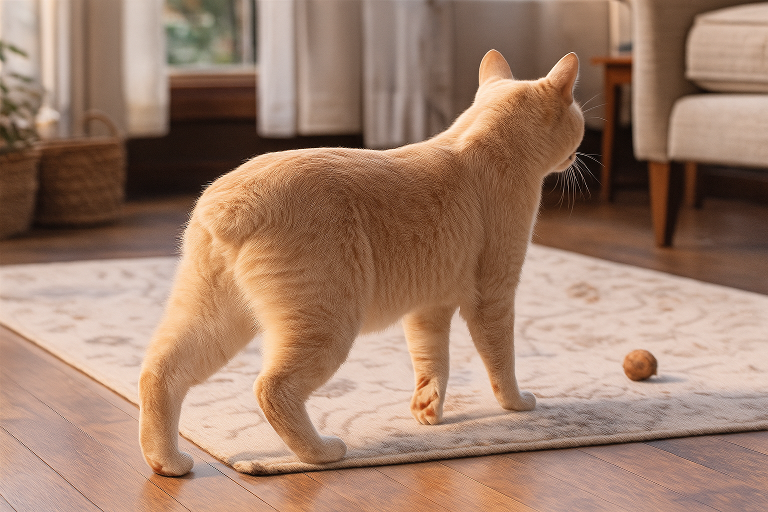 A cream‑colored tailless Manx cat strides across a sunlit rug in a cozy room, showcasing its rounded rear, strong hind legs, and elegant posture.