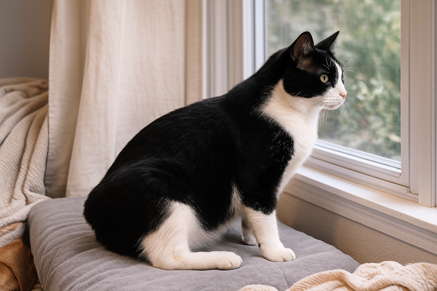 A tailless Manx cat with a classic tabby coat sits alertly on a weathered wooden surface, framed by a soft-focus green background. Its rounded rear, strong build, and calm expression highlight the breed’s signature traits.
