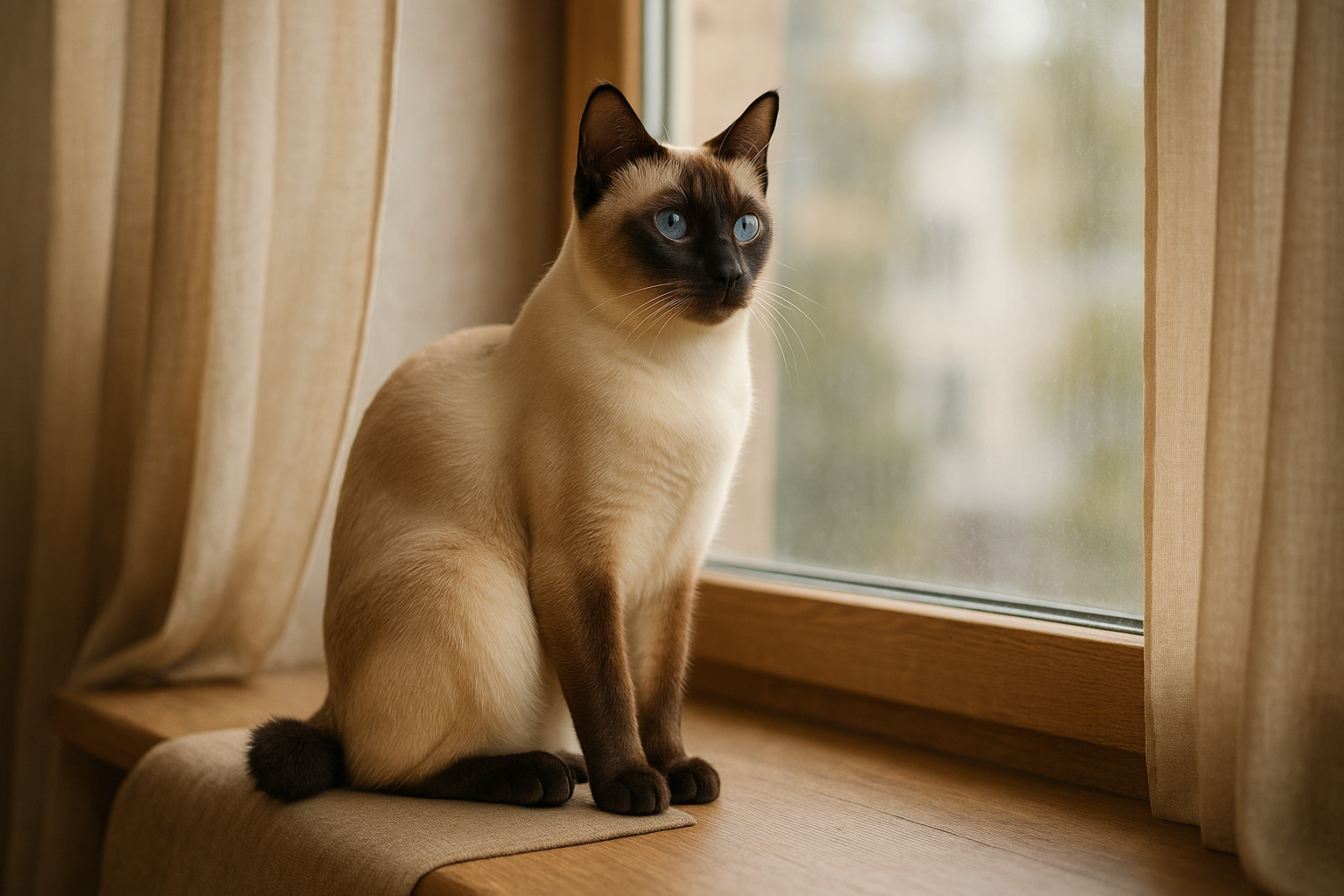 A realistic Mekong Bobtail cat with a short, bobbed tail and seal-point coloring, sitting on a cozy wooden windowsill and gazing outside with bright blue eyes.