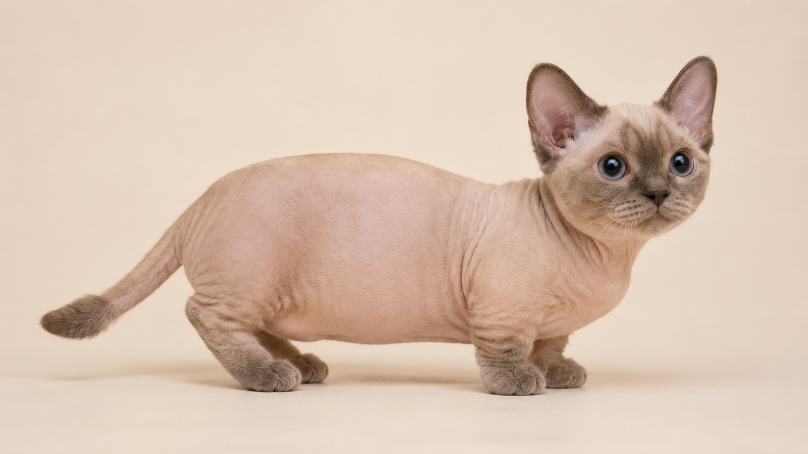 Minskin cat with short legs and sparse fur standing in profile.