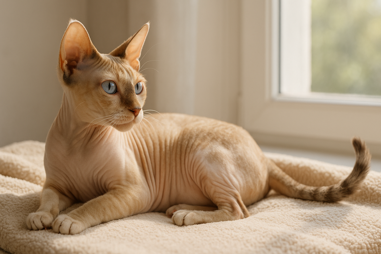 Minskin cat lounging by a sunlit window, short legs visible and sparse fur on ears and paws