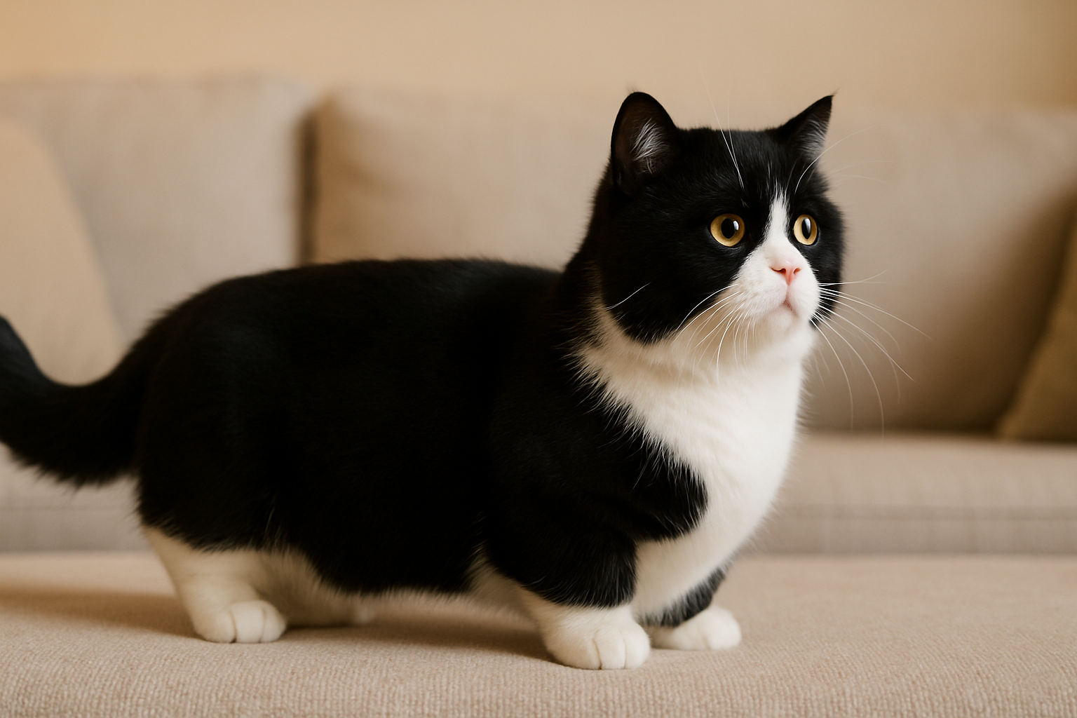A tuxedo Minuet Cat standing in profile on a beige couch, showing its short legs, round face, and plush black-and-white coat, with large golden eyes and a compact, low-to-the-ground body.
